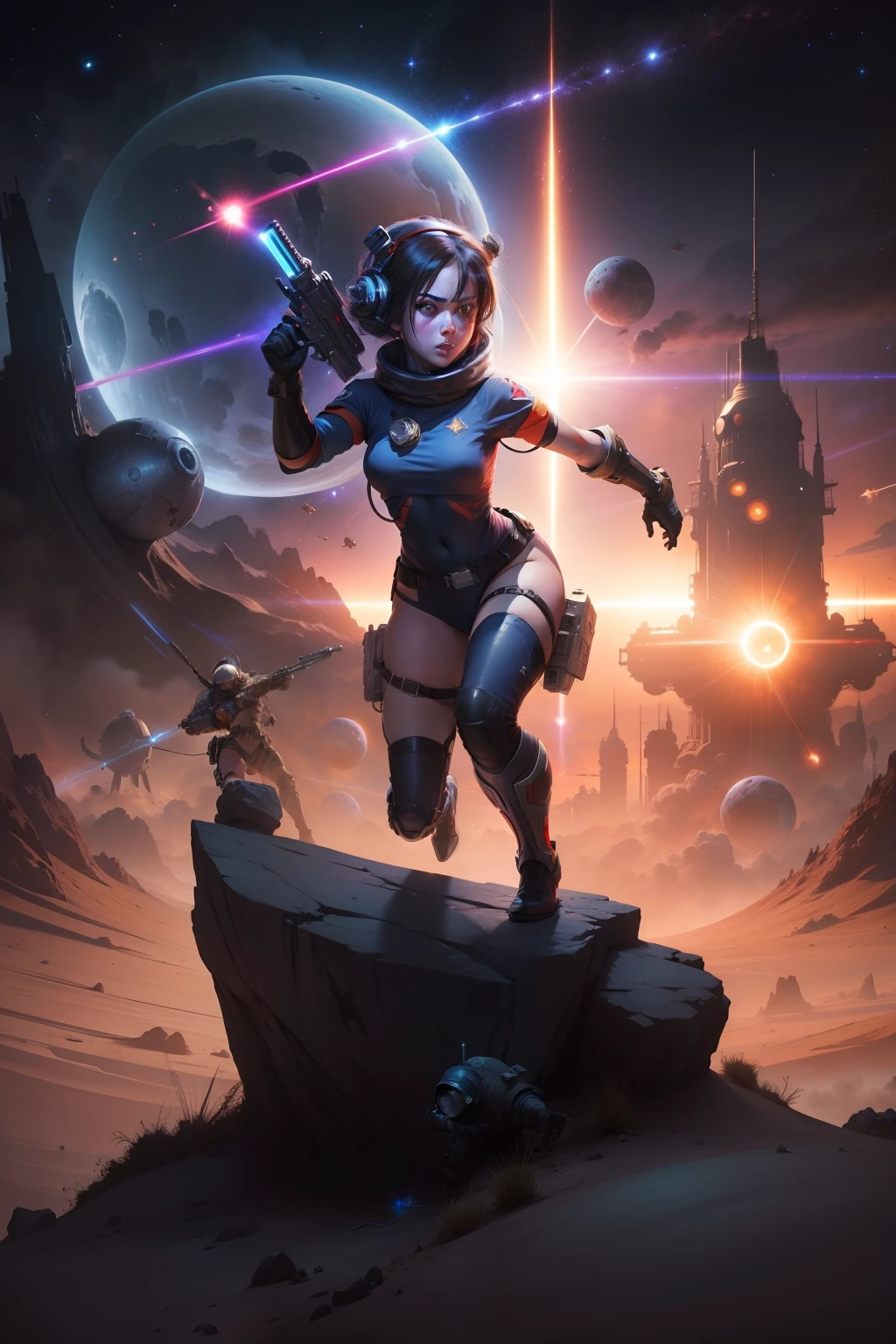 space war scene, space girl with laser fighting off space snaky one eyed monsters in the style of Frank Frazetta
