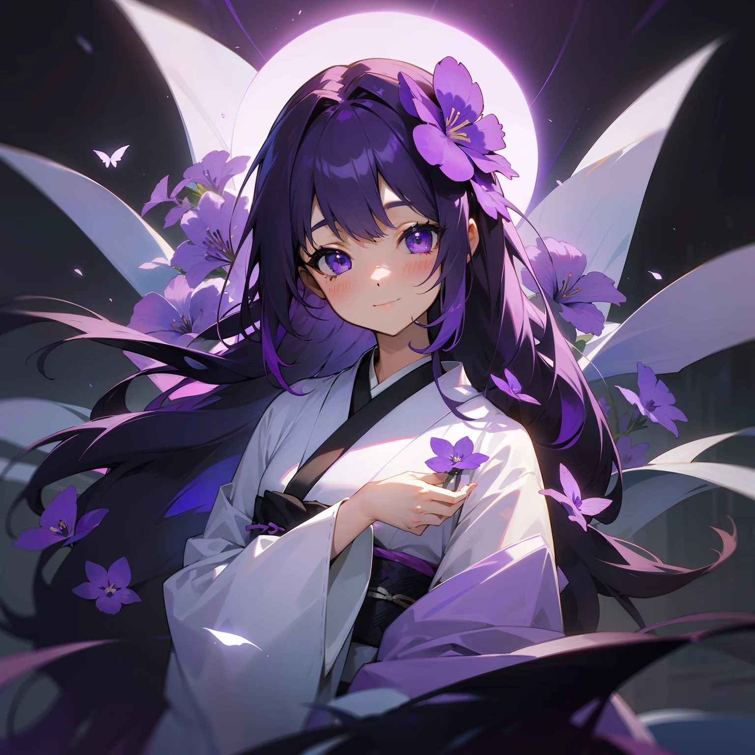 Beautiful purple and white violets、One girl stood。Her hair is a colorful shade of purple and white.、Her kimono is purple and black、It was as if I became one with the nature around me.。Like the flower language of violets「Blissful」with the「pure」Her happy face symbolizes、It was as if I hoped this moment would last forever。The figure is mysterious,Colorful hair and kimono、Purple flowers blooming around her々with、It was so beautiful that I couldn't believe it was out of this world..。
