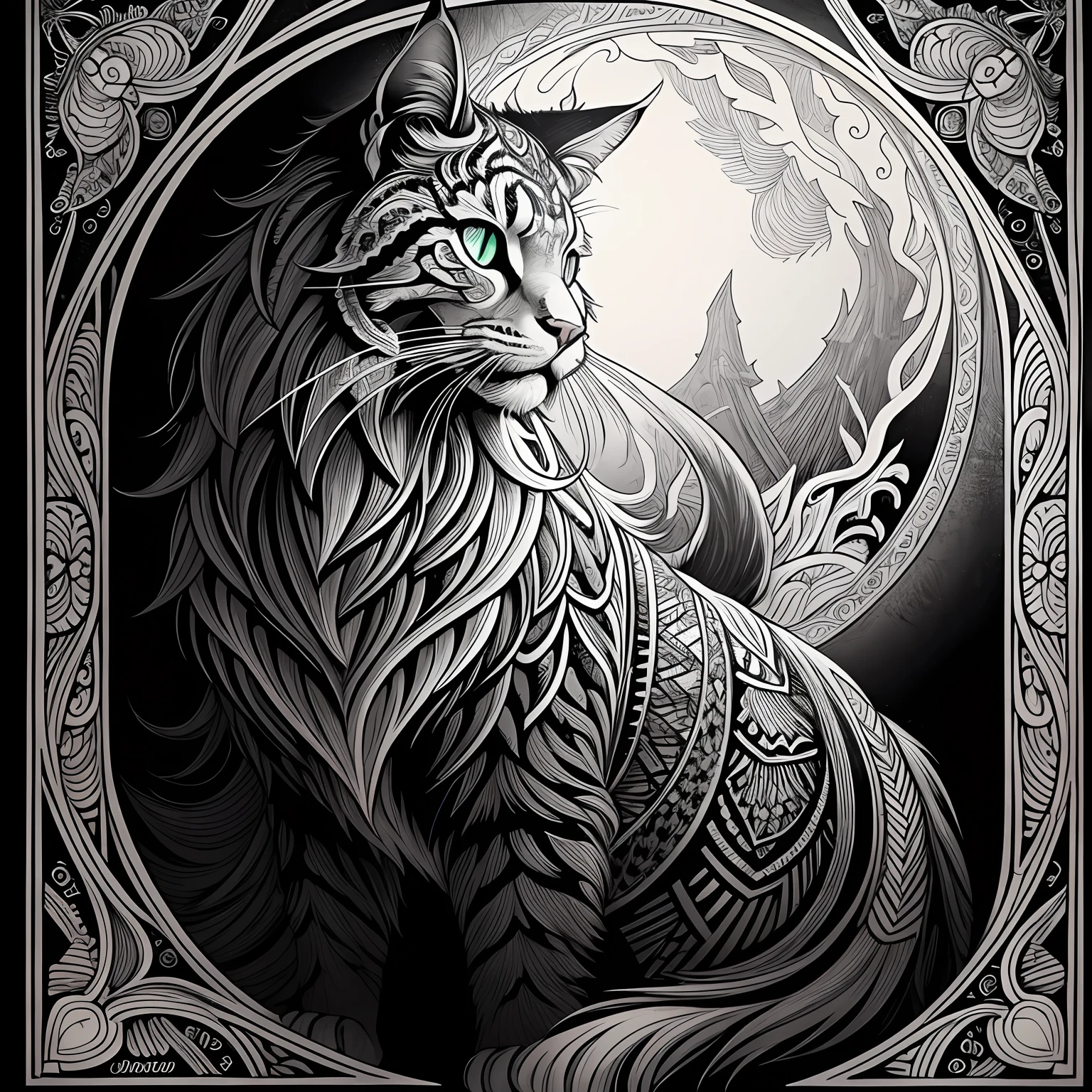 maincoon, black and white, zentangle (best quality) ultra-detailed, fine line drawing, fine line art, coloring book illustration style, intricate linework, highly detailed illustration, perfect composition, beautiful and stunning, dynamic angle, high contrast, incredible shading, incredible detail, unique style, black and white details, (dark and mystical atmosphere), intricate and detailed nature elements.