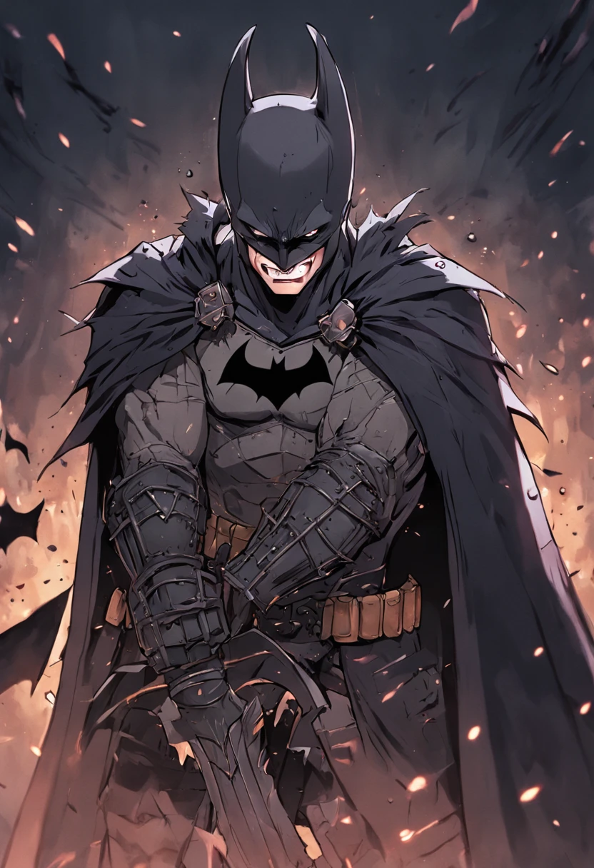 "Batman Vikings with the face of Cholosa, Left smile, Tears, darkly, SuperiorQuality, Multiple facial scars, Batman laughing, Dark Viking armor, Gothic style."