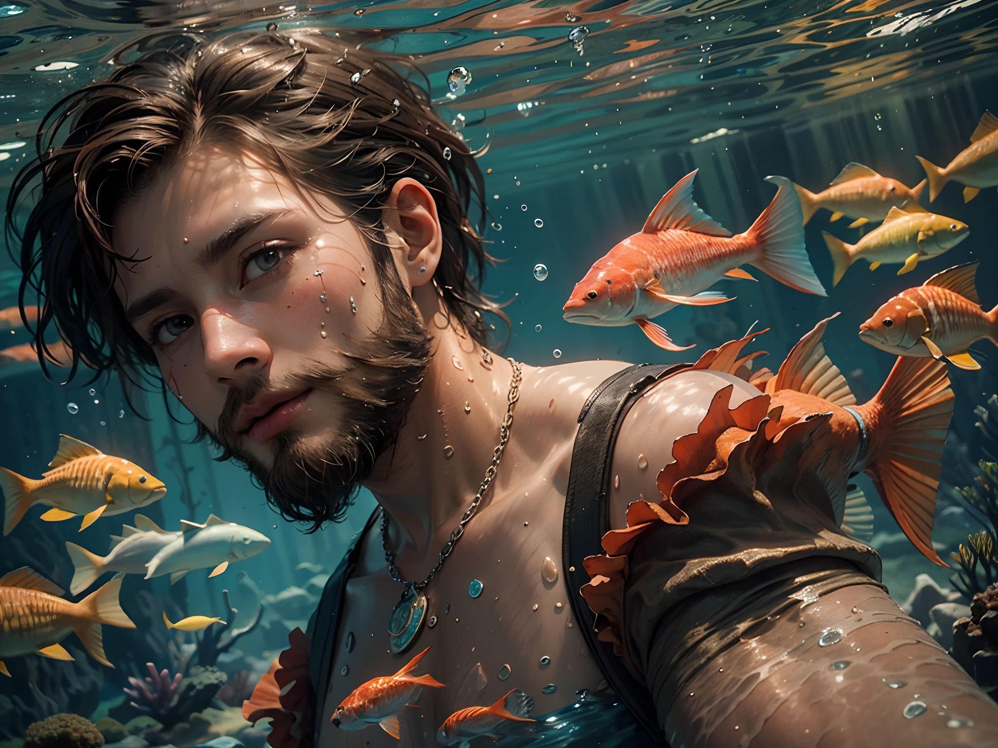 (Highest quality authentic textured skin),(abyssal), (A boy swims in the deep sea:1.5), Handsome facial features, (Sexy short beard:1.5), Burning bright and cold eyes, Strong body, (Shirtless), Bronzed skin,musculous, (He had a mischievous smile on his face),brown hair,(Dramatic photo:1.4),(flamboyant photo), (Look down at the camera), (A simple necklace hangs around his neck),(Hair flows in water),(Surrounded by redfish),(Underwater, Marine life, Beautiful coral reef, Fish),(Vortices and tidal currents in the background),(Dramaticlight),(Magnificent scene),In the distant background is a temple submerged in a coral reef,the reef,Epic realism,Cinematic feeling,(high-density imaging review:1.5), (Teal and orange:0.4), (Soft color:1.2),Ultra detailed,Dramaticlight,(intricately details:1.1),the complex background,