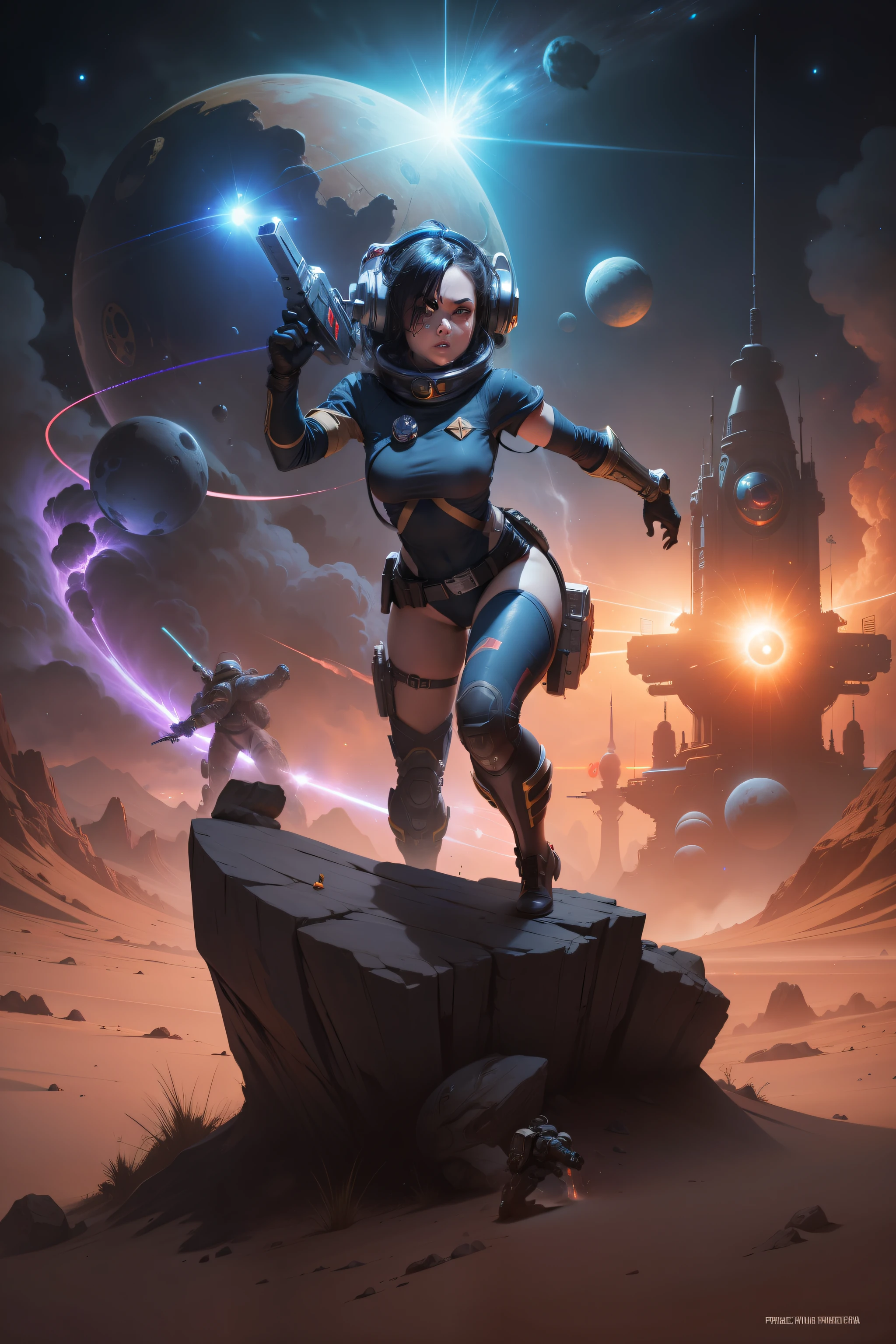 space war scene, space girl with laser fighting off space snaky one eyed monsters in the style of Frank Frazetta