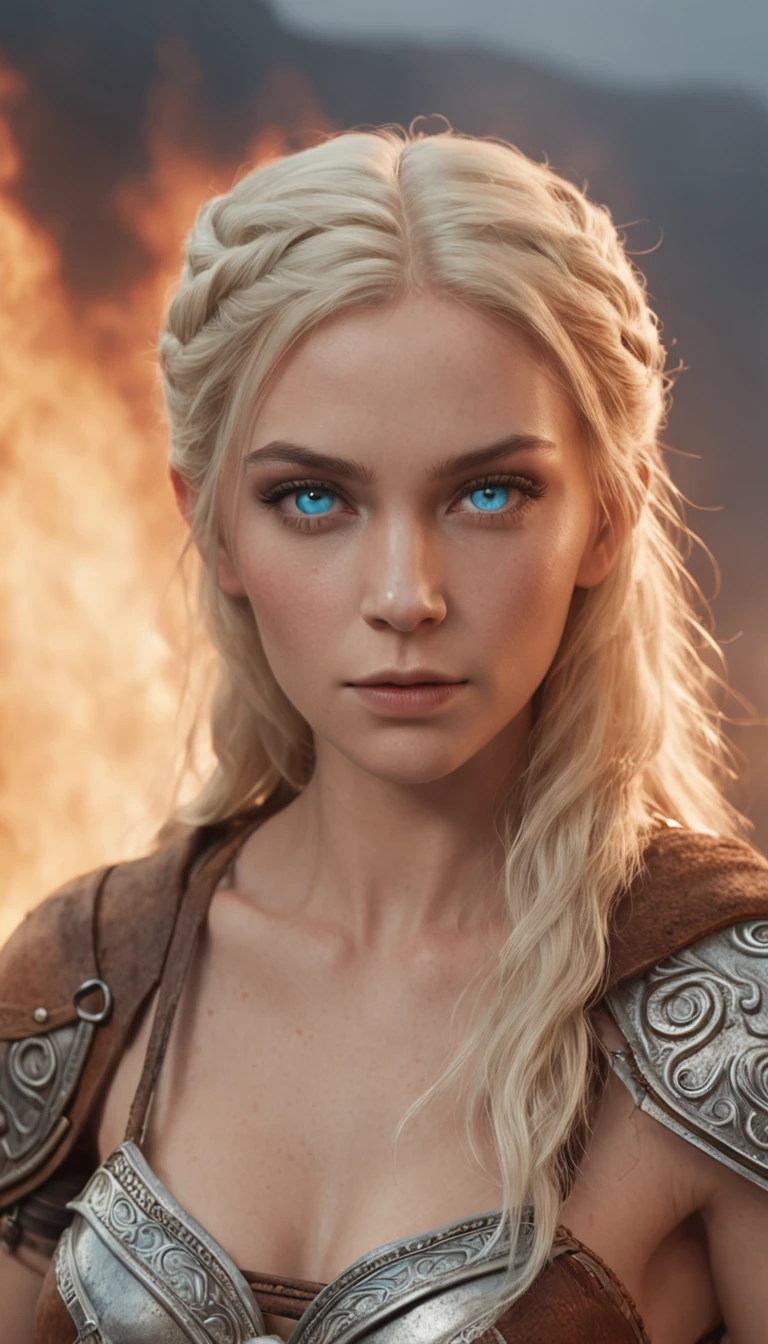 female viking with wolf companion ,Glow, seductive, glowing blue eyes, fire, platinum blonde, (blonde:1.1), sexy, small chest, small breasts, highly detailed eyes, (ultra photorealistic:1.3), ((realistic)), ultra detailed, ((real image)), ((realistic skin)), ((realistic face)), (beautiful:1.05), (beautiful detailed eyes:1.50), (cinematic light:1.1), turquoise blue detaches, model pose, evil, divine, (glow:1.60), fire, Elemental, 1 braided ponytail, full body pose, (detailed glowing golden skimpy viking armor), realistic long Viking spear in hand, evil smirk, braided ponytail, glowing eyes, (illustration:1.05),wolf pack ,