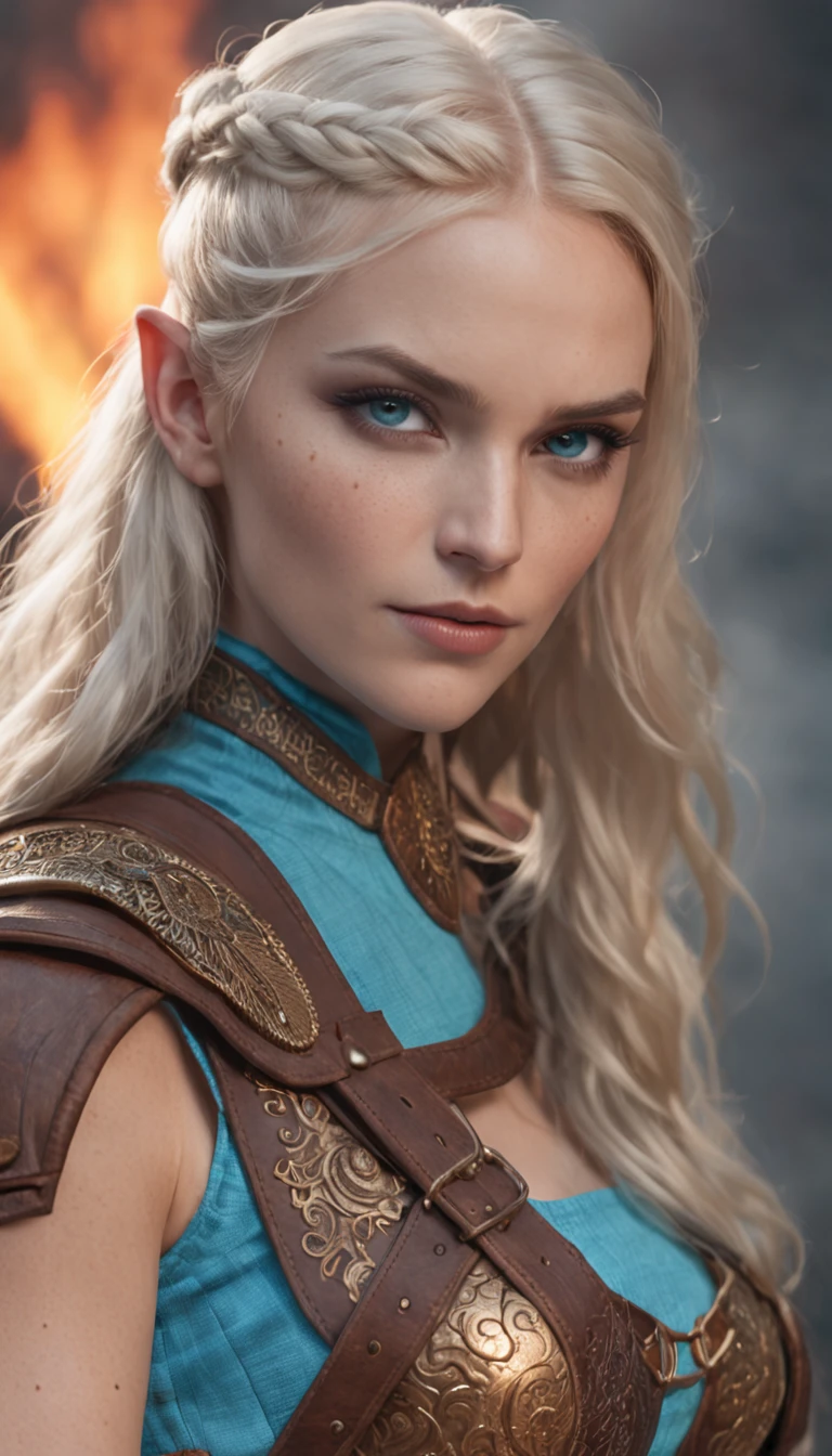 female viking with wolf companion ,Glow, seductive, glowing blue eyes, fire, platinum blonde, (blonde:1.1), sexy, small chest, small breasts, highly detailed eyes, (ultra photorealistic:1.3), ((realistic)), ultra detailed, ((real image)), ((realistic skin)), ((realistic face)), (beautiful:1.05), (beautiful detailed eyes:1.50), (cinematic light:1.1), turquoise blue detaches, model pose, evil, divine, (glow:1.60), fire, Elemental, 1 braided ponytail, full body pose, (detailed glowing golden skimpy viking armor), realistic long Viking spear in hand, evil smirk, braided ponytail, glowing eyes, (illustration:1.05),wolf pack ,