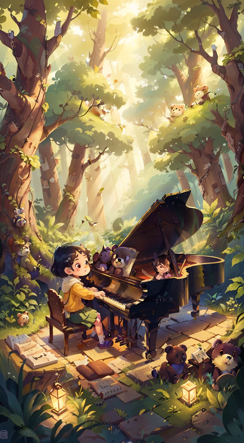 On a bench in the woods sits a piano and a teddy bear, Official artwork, Pianist, official fanart, Game illustration, piano, background artwork, Mobile game art, Detailed fanart, Relaxing concept art, playing harp in magical forest, musician, cute artwork, Play the piano, in style of atey ghailan, Fanart, Cute detailed digital art, Lofi art