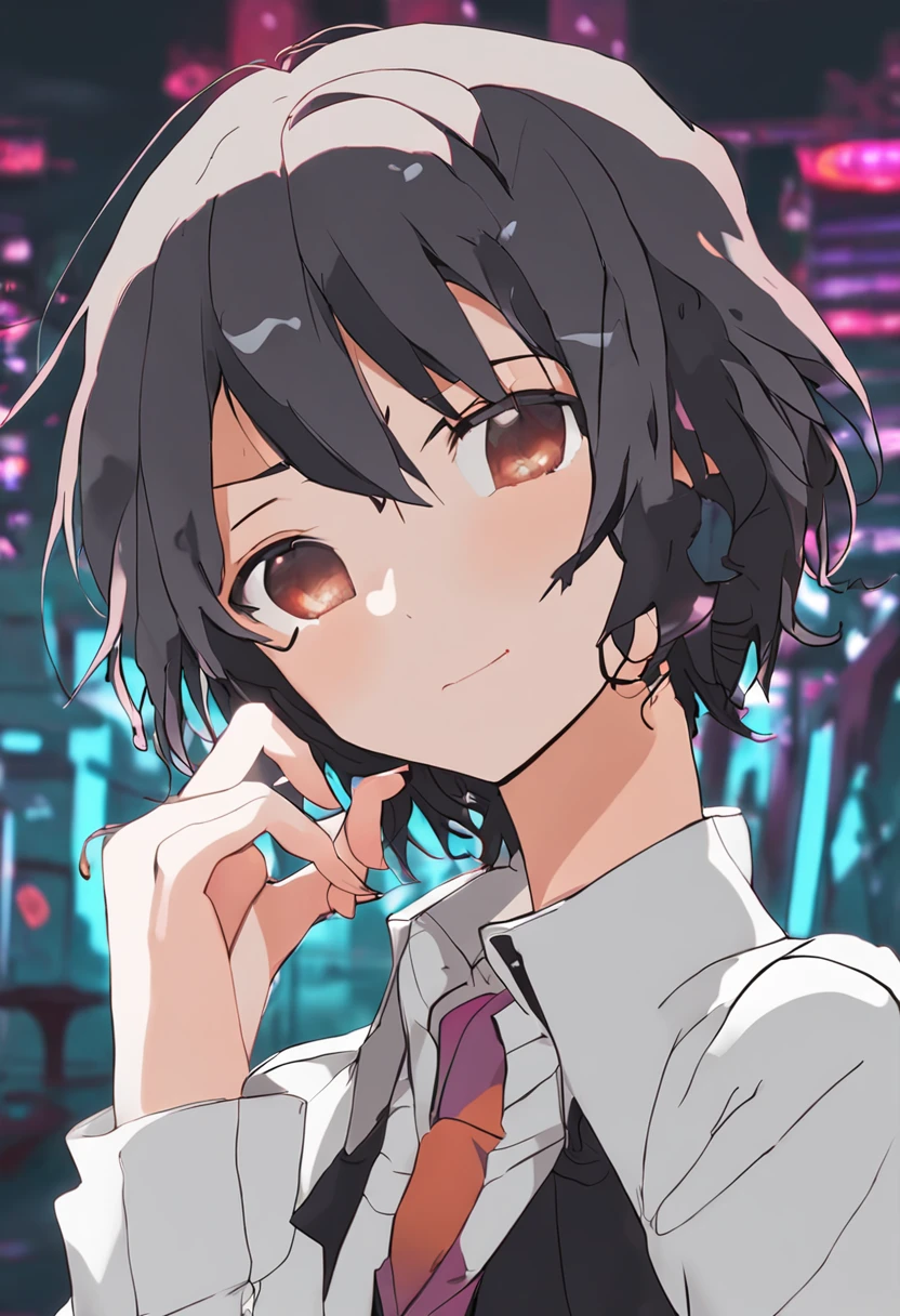Anime boys,Short hair and black jacket looking to the side, Woman with short hair in skirt, Beautiful and moving,is shy,Crush