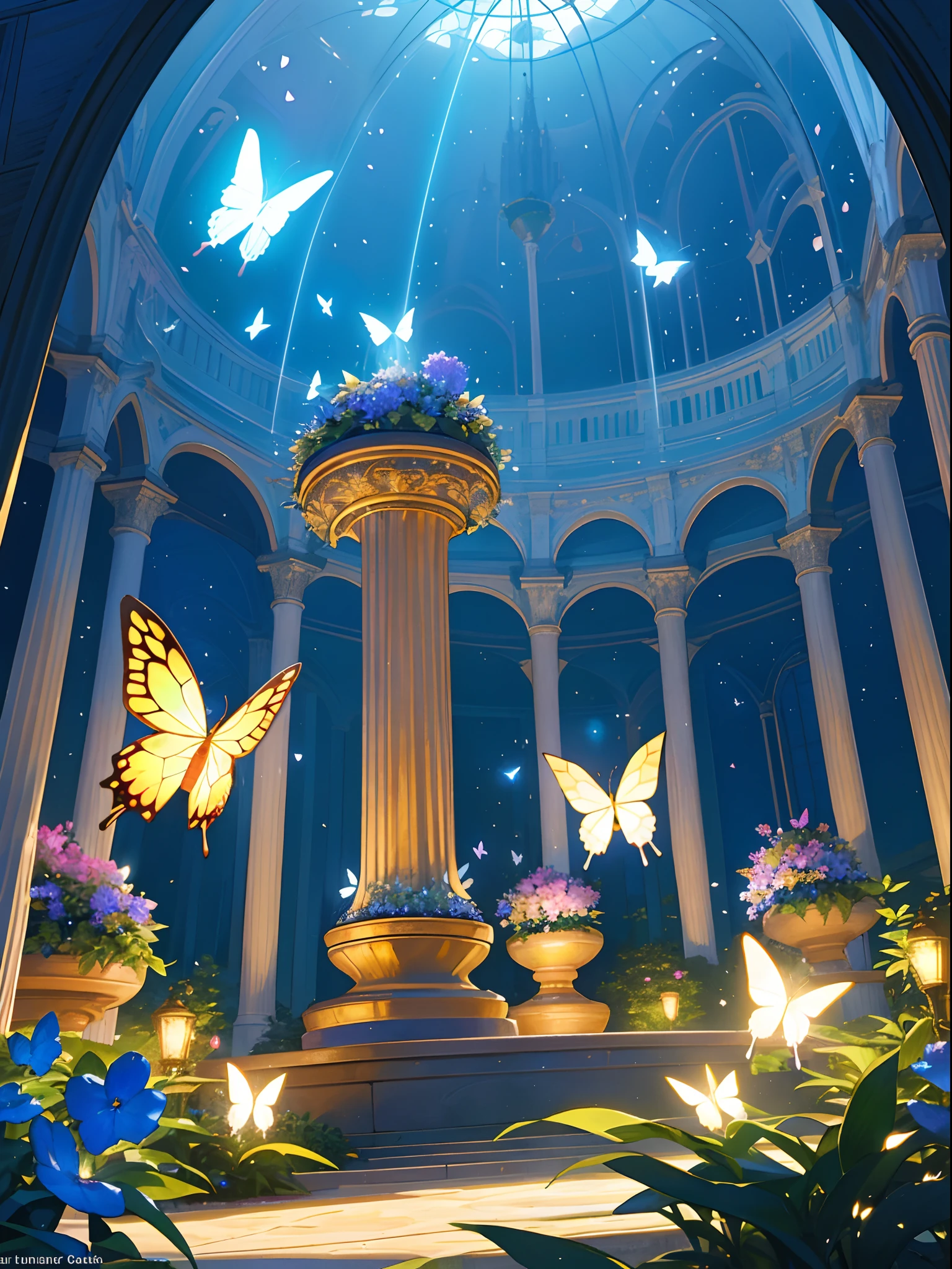 (top quality, masterpiece, ultra-realistic), night, starry skies, magical indoor botanical garden, dome, sparkling water fountain, lots of flowers, glowing butterflies, background landscape is a garden with petals and papas flying around. --v6