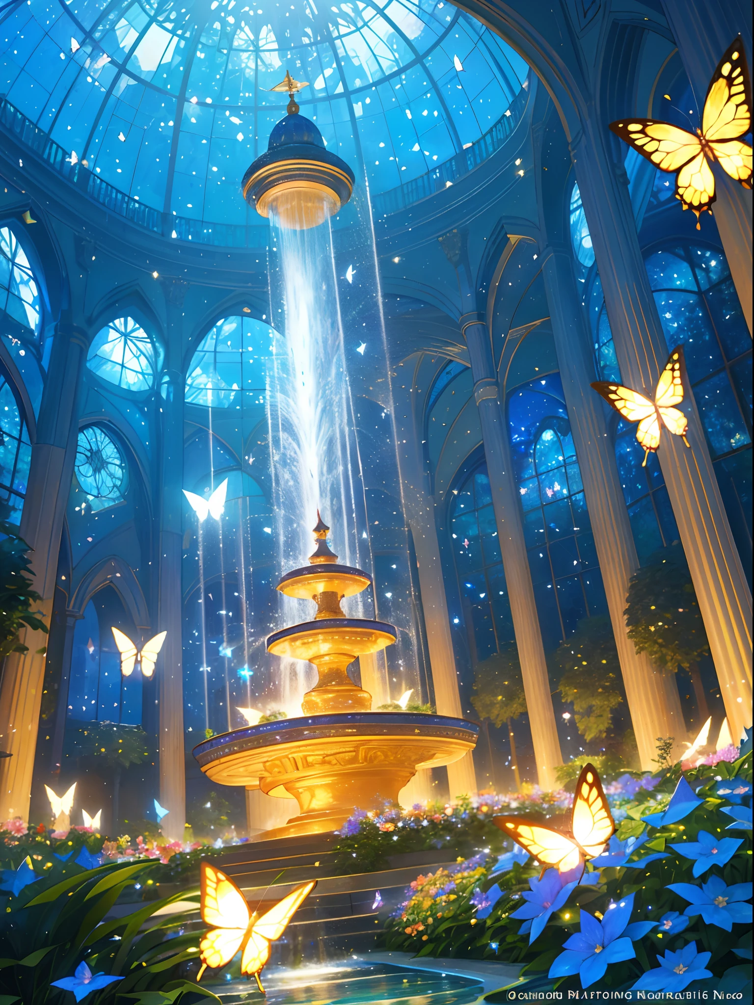 (top quality, masterpiece, ultra-realistic), night, starry skies, magical indoor botanical garden, dome, sparkling water fountain, lots of flowers, glowing butterflies, background landscape is a garden with petals and papas flying around. --v6