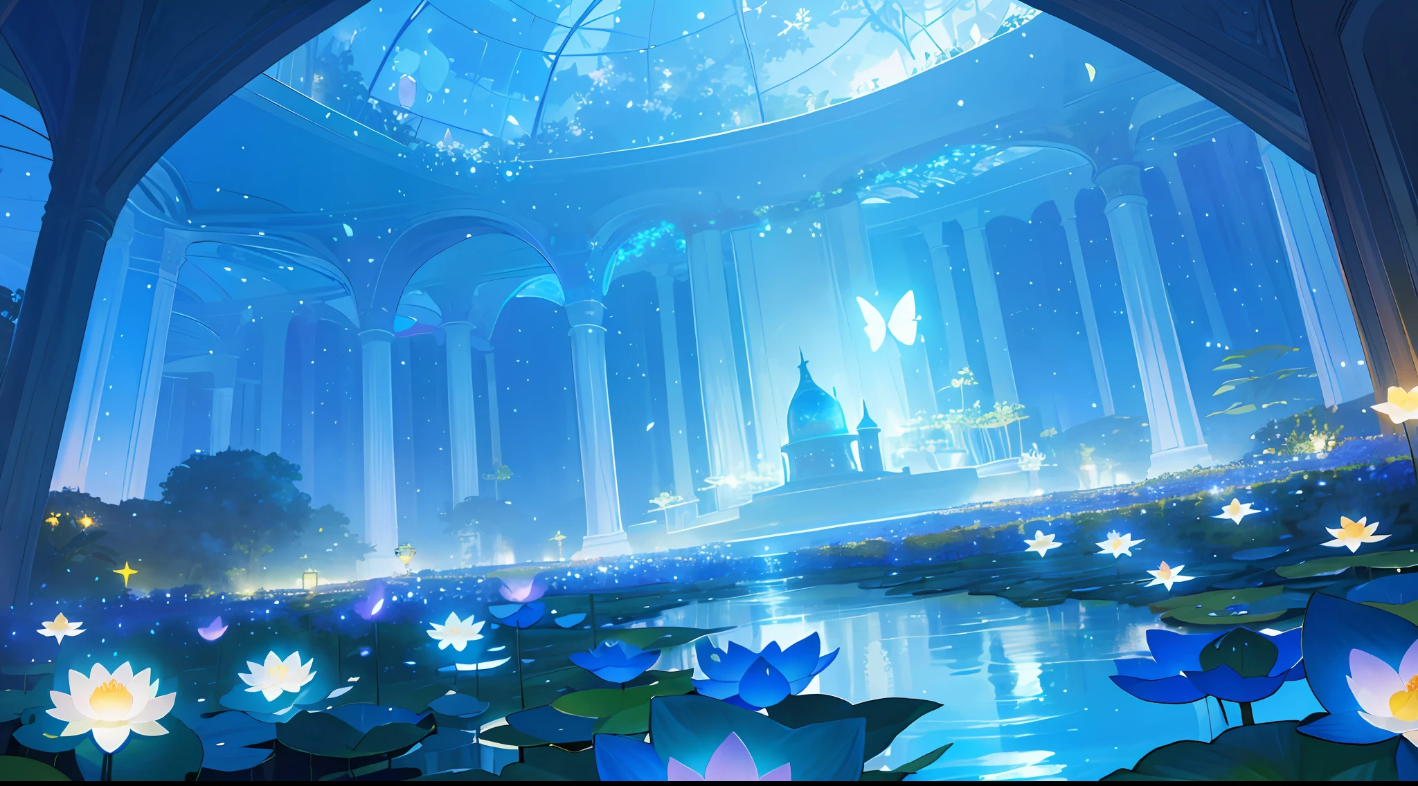 (top quality, masterpiece, ultra-realistic), night, starry skies, magical indoor botanical garden, dome, sparkling bioluminescent river, lots of flowers, lotus, glowing butterflies, background landscape is a garden with petals and papas flying around. --v6