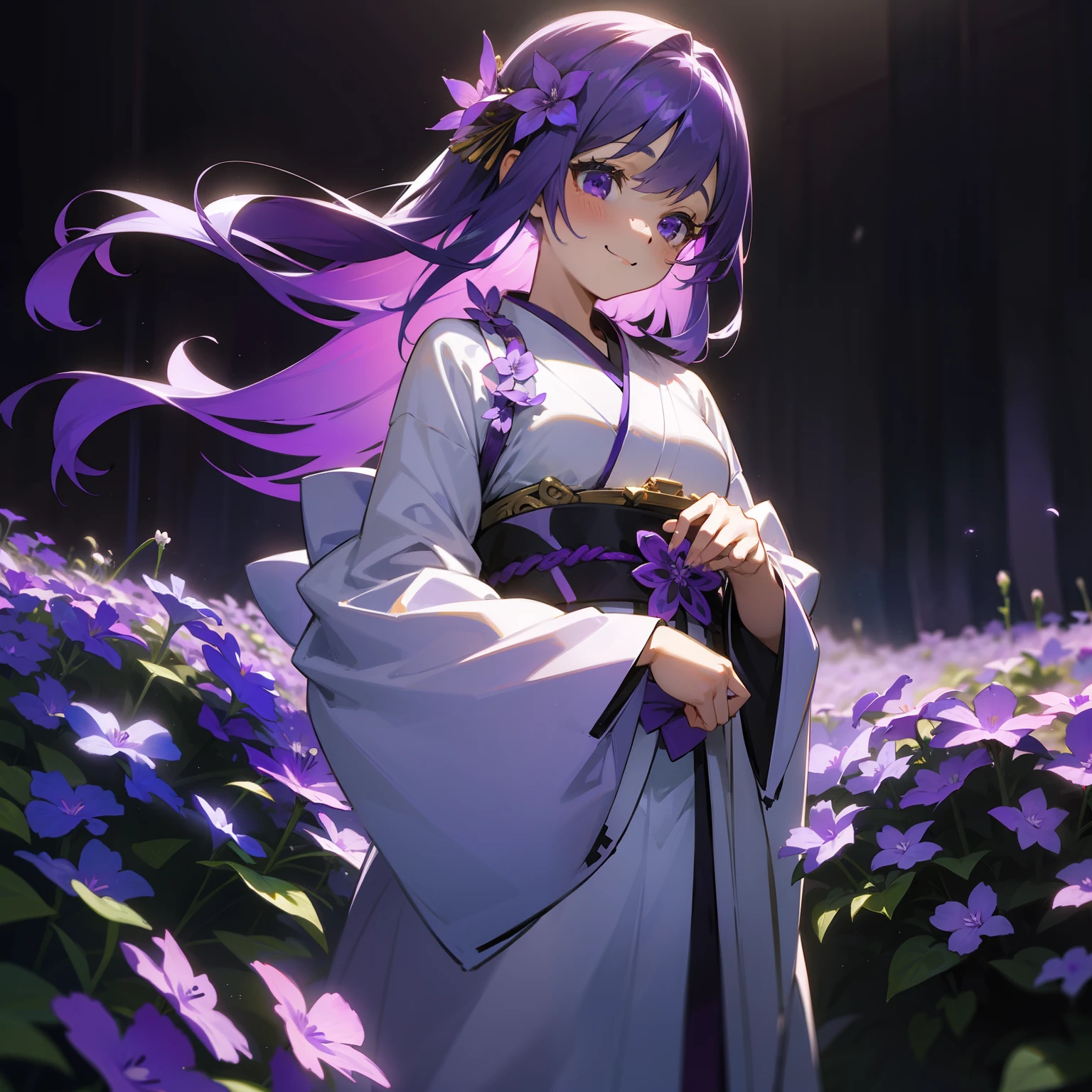 Beautiful purple and white violets、One girl stood。Her hair is a colorful shade of purple and white、Her kimono is purple and black、It was as if I became one with the nature around me.。Like the flower language of violets「Blissful」with the「pure」Her happy face symbolizes、It was as if I hoped this moment would last forever。The figure is mysterious,Colorful hair and kimono、Purple flowers blooming around her々with、It was so beautiful that I couldn't believe it was out of this world...。