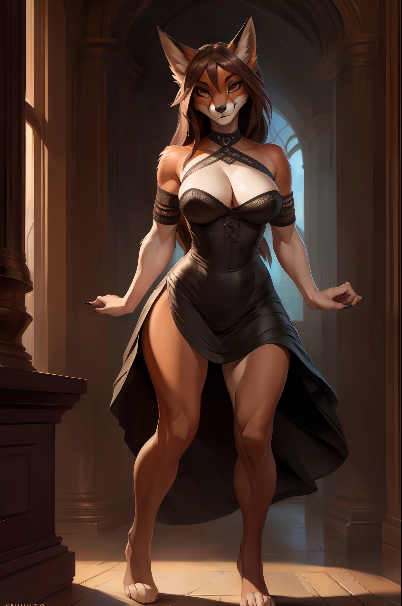4k, high resolution, best quality, masterpiece, perfect colors, perfect shadows, beautiful and detailed portrait of a (((feminine))), perfect lighting, posted on e621, (by Chunie, by Einshelm), furry, anthro, furry art, ((portrait)), body scales, Beautiful brown eyes, fit body, perfect masculine body, detailed scales, detailed face, ((Bonifasko lighting)), (detailed eyes), perfect pupils, Tall, Long brown hair, messy long hair, Wide hips, big legs, C cup breasts, wearing clothes, Arms white female, fox, fox girl, Goth, Dress, goth dress