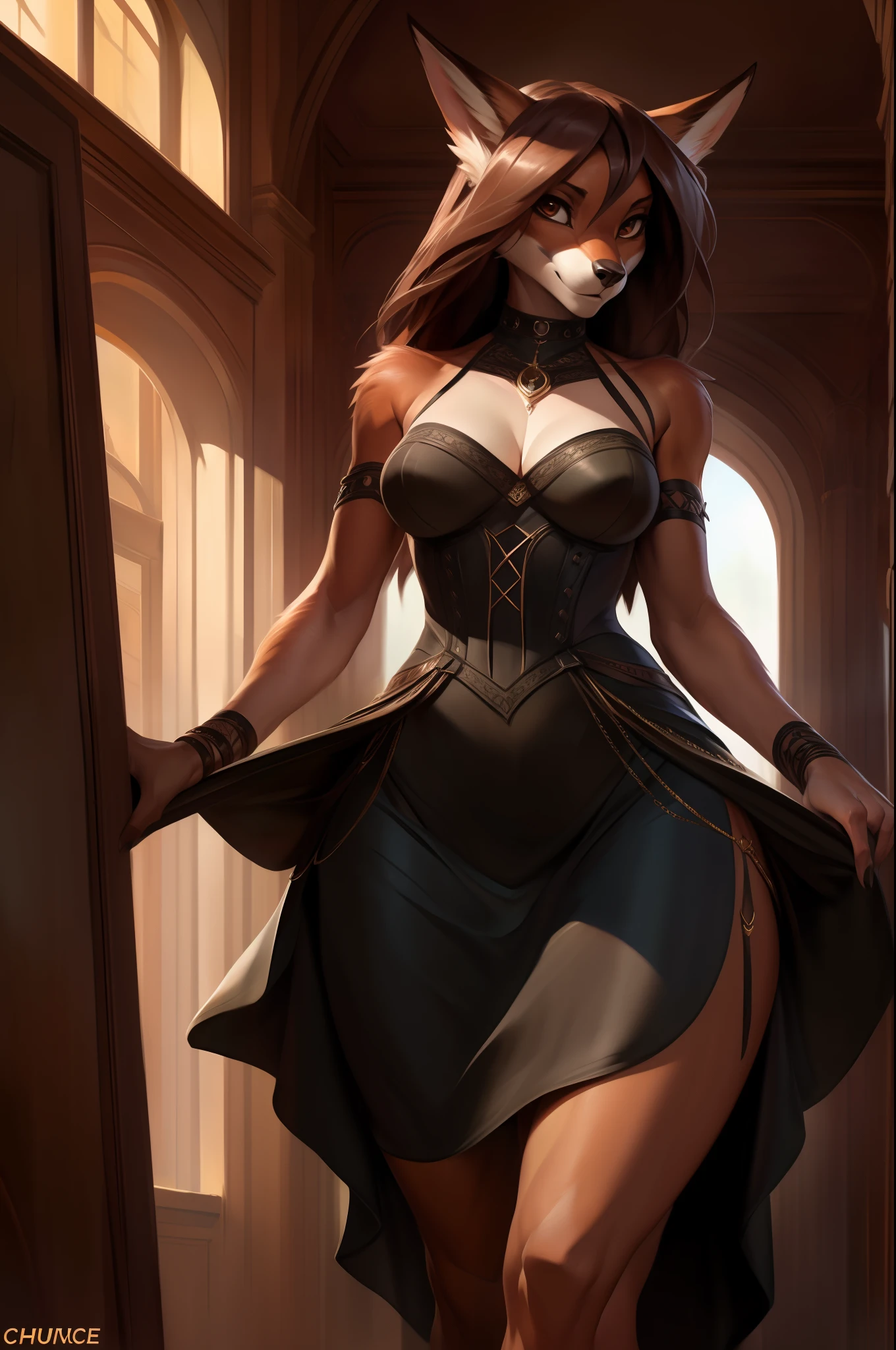 4k, high resolution, best quality, masterpiece, perfect colors, perfect shadows, beautiful and detailed portrait of a (((feminine))), perfect lighting, posted on e621, (by Chunie, by Einshelm), furry, anthro, furry art, ((portrait)), body scales, Beautiful brown eyes, fit body, perfect masculine body, detailed scales, detailed face, ((Bonifasko lighting)), (detailed eyes), perfect pupils, Tall, Long brown hair, messy long hair, Wide hips, big legs, C cup breasts, wearing clothes, Arms white female, fox, fox girl, Goth, Dress, goth dress