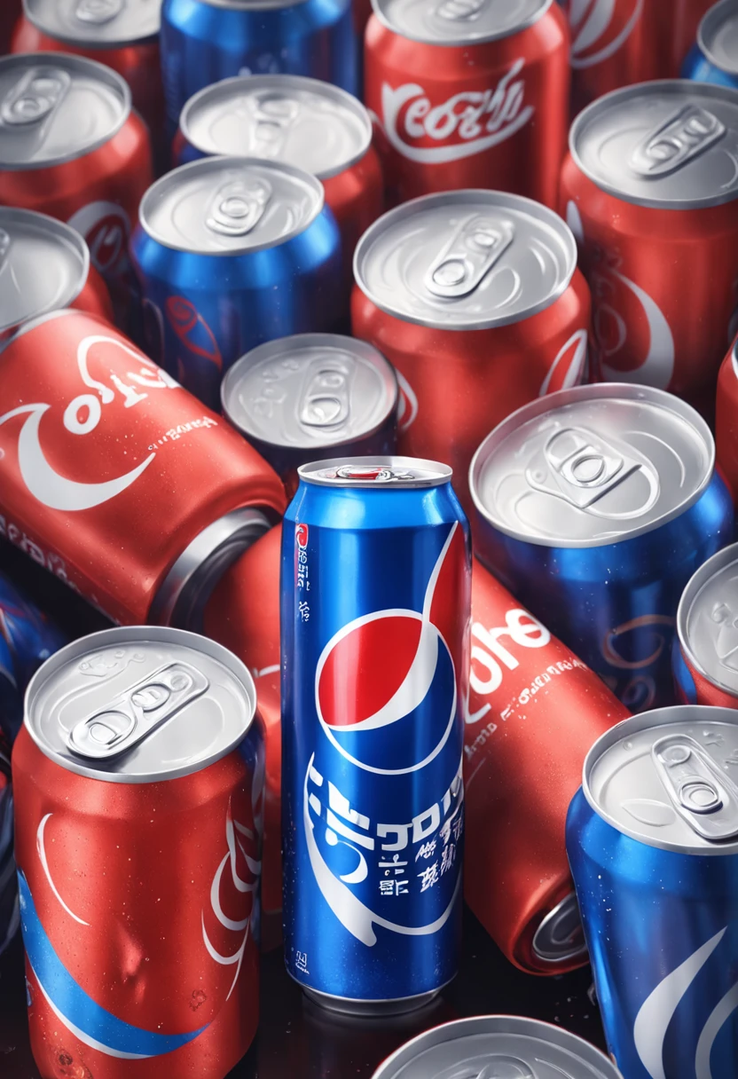 Close-up of a can of Pepsi and a glass of Coke, Pepsi, Limsa, soda cans, coka-cola advertisement, best selling, China, high detail product photo, goto fujita, inspired by Katsushika Ōi, Inspired by Yoshida Hanbei, highly detailed product photo, Official product photo, hyper realisitc, product image