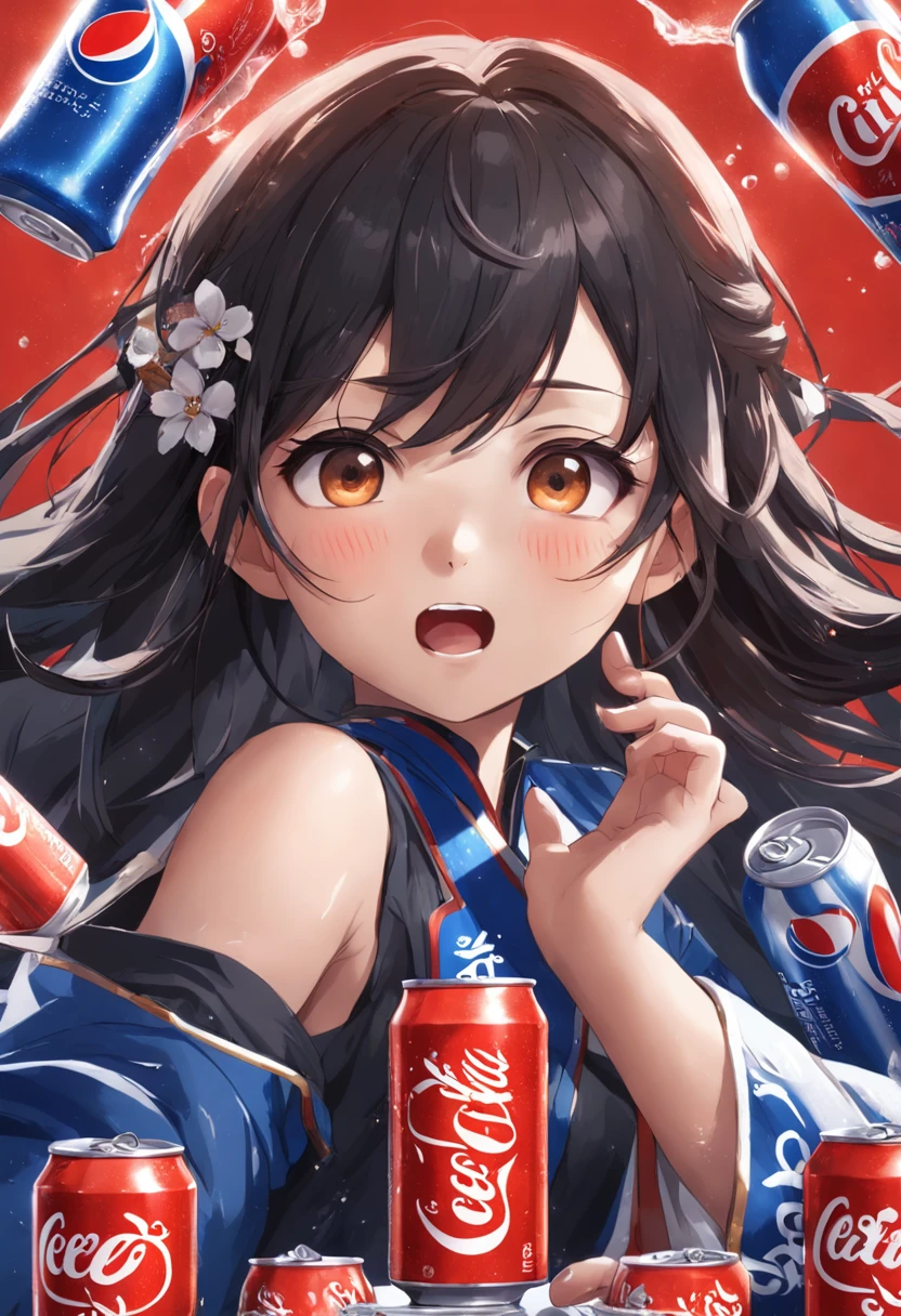 Close-up of a can of Pepsi and a glass of Coke, Pepsi, Limsa, soda cans, coka-cola advertisement, best selling, China, high detail product photo, goto fujita, inspired by Katsushika Ōi, Inspired by Yoshida Hanbei, highly detailed product photo, Official product photo, hyper realisitc, product image
