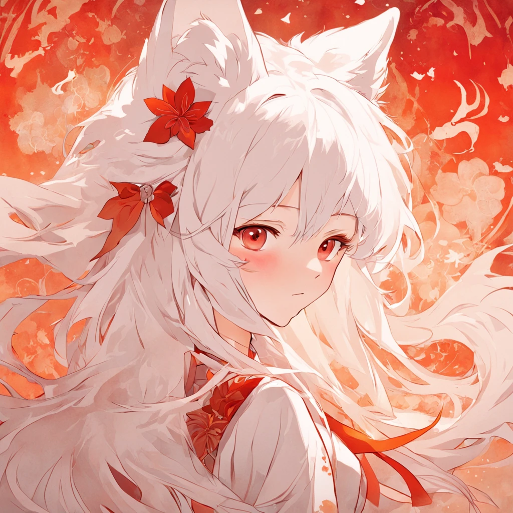 (White background:1.4),(Silhouette of a girl's head, Eyes closed, Long white hair,White fox ears，There are 9 fluffy fox tails，The tail has a fiery red color at the end， Oriental elements)，(Chinese illustration:1.3，paper art:1.3, Quilted paper art:1.2),( reasonable design, Clear lines, High sharpness,Best quality, Very detailed, Masterpiece, movie light effect, 4K )