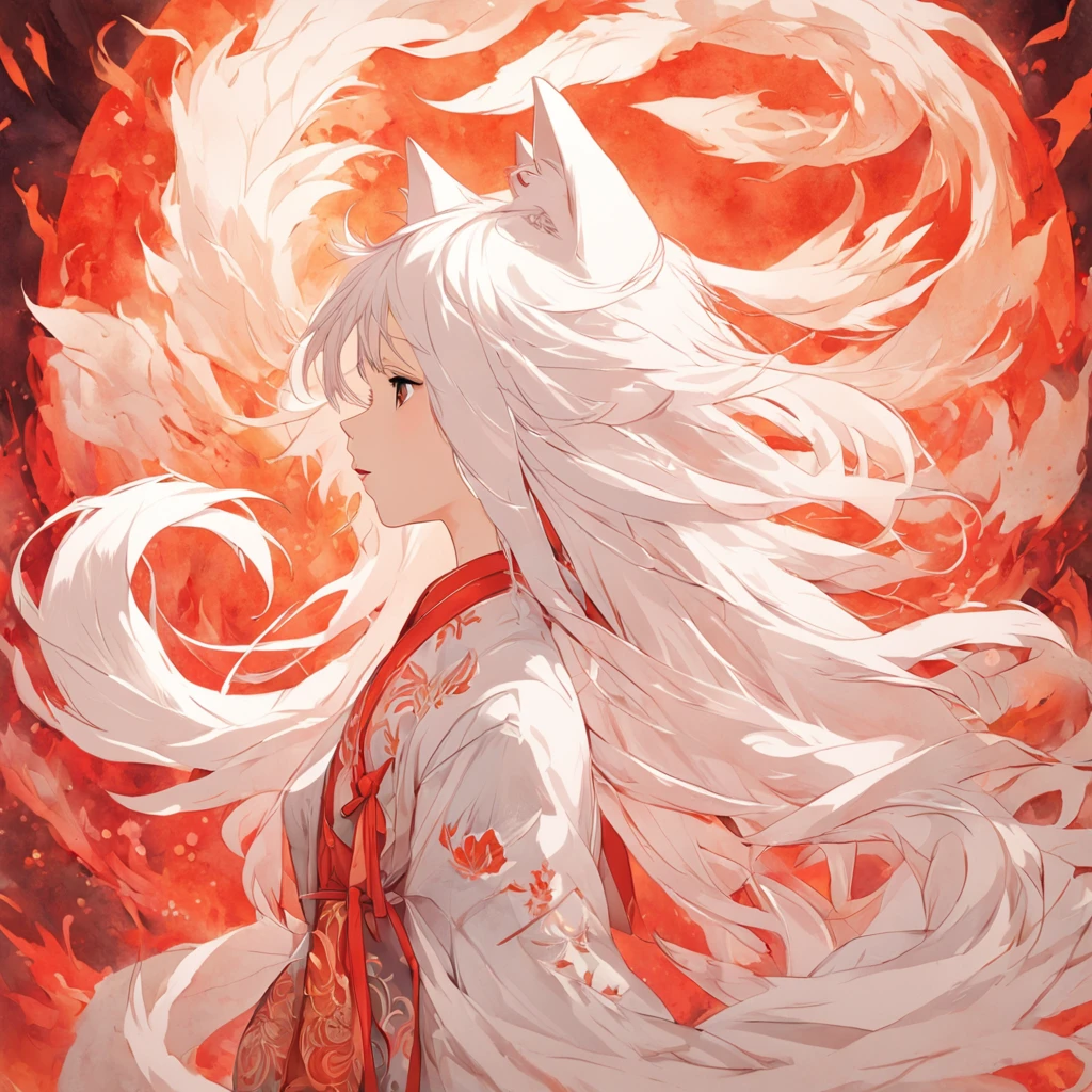 (White background:1.4),(Silhouette of a girl's head, Eyes closed, Long white hair,White fox ears,There are 9 fluffy fox tails,The tail has a fiery red color at the end, Oriental elements),(Chinese illustration:1.3,paper art:1.3, Quilted paper art:1.2),( reasonable design, Clear lines, High sharpness,Best quality, Very detailed, Masterpiece, movie light effect, 4K )