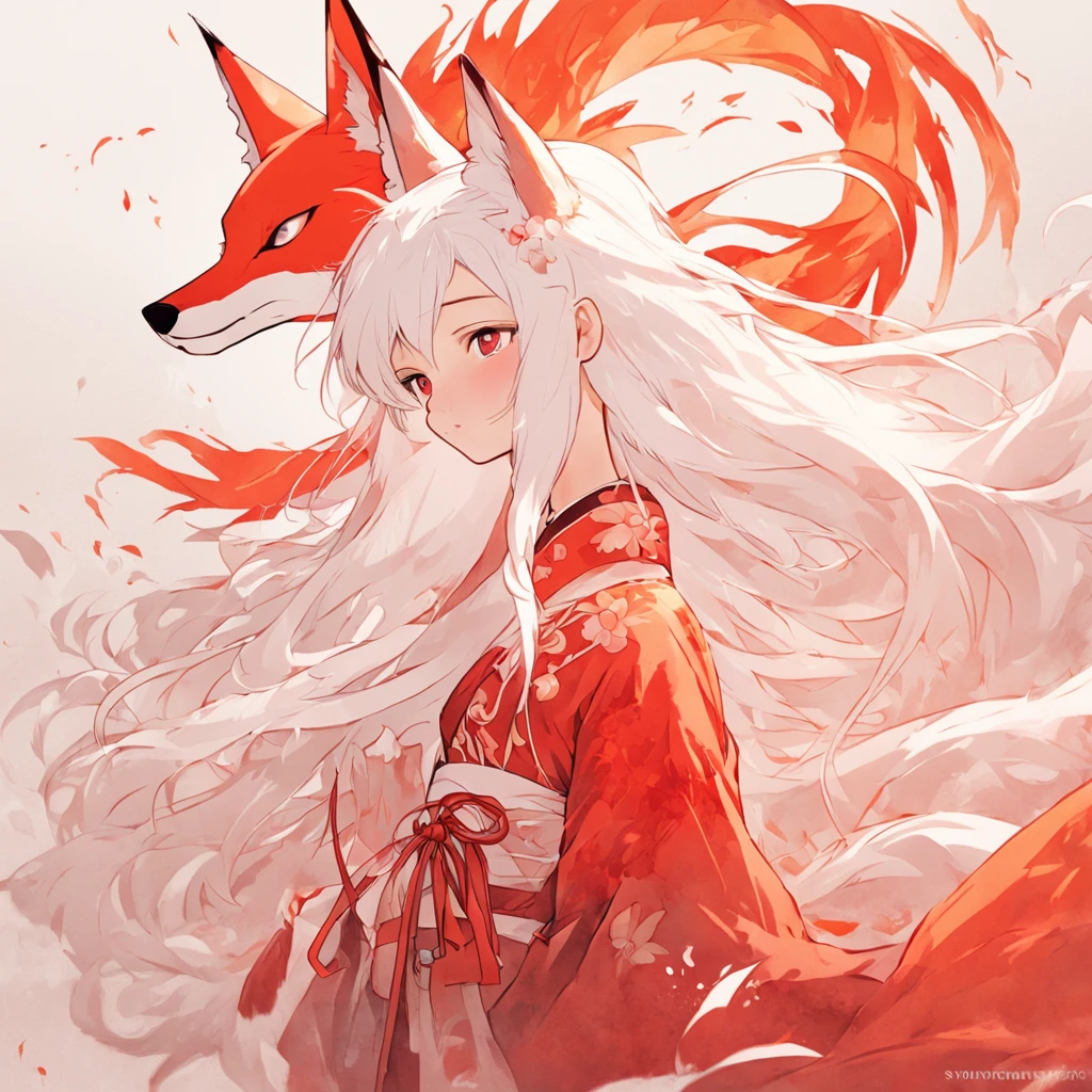 (White background:1.4),(Silhouette of a girl's head, Eyes closed, Long white hair,White fox ears，There are 9 fluffy fox tails，The tail has a fiery red color at the end， Oriental elements)，(Chinese illustration:1.3，paper art:1.3, Quilted paper art:1.2),( reasonable design, Clear lines, High sharpness,Best quality, Very detailed, Masterpiece, movie light effect, 4K )