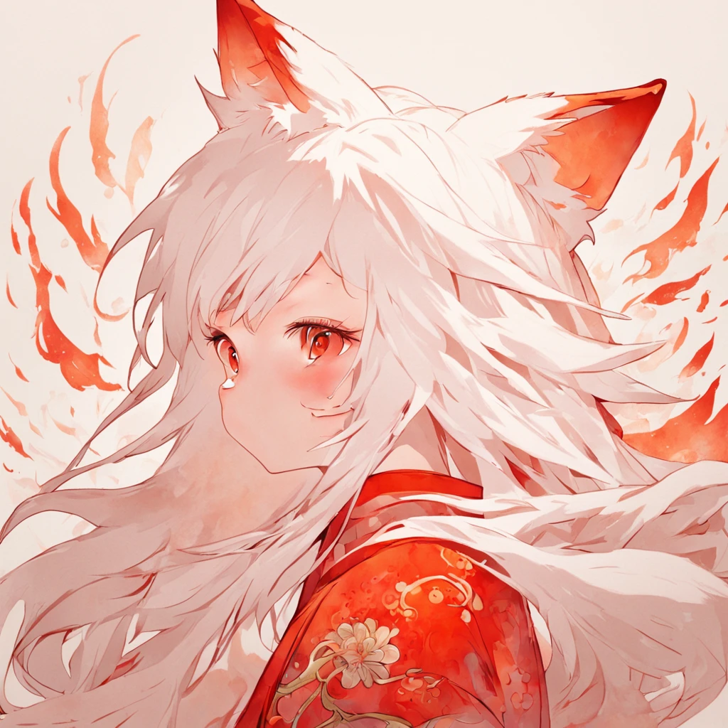 (White background:1.4),(Silhouette of a girl's head, Eyes closed, Long white hair,White fox ears,There are 9 fluffy fox tails,The tail has a fiery red color at the end, Oriental elements),(Chinese illustration:1.3,paper art:1.3, Quilted paper art:1.2),( reasonable design, Clear lines, High sharpness,Best quality, Very detailed, Masterpiece, movie light effect, 4K )