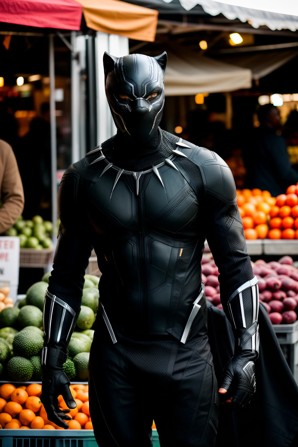 RAW photo, portrait of  "black Panther" Humanoid creatures in clothes, at the market, fight with enemies, 8K  UHD, Digital SLR, Soft lighting, High quality, filmgrain, Fujifilm XT3