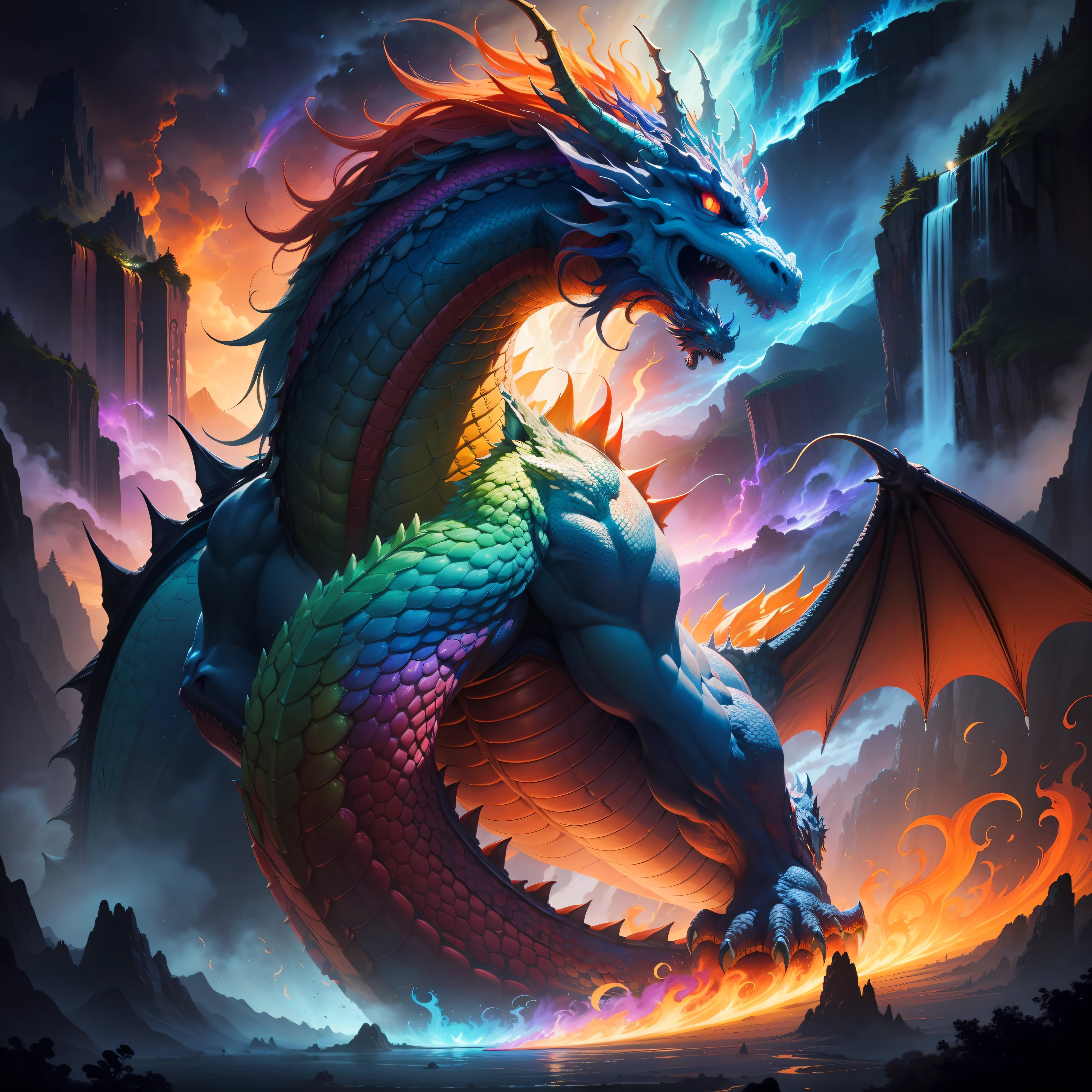 Fantasy、Fantasy、(whole body, detailed), ((Portrait of a dragon with colorful feathers:1.5)), photoRealistic, masterpiece: 1.2), (Highest quality, High resolution, 8K), (Realistic: 1.37), faint smoke, ultra detailed , Sharp focus, Bright Eyes, Scale and Texture, mysterious, Calm, Beautiful Landscape, Soft lighting, Vibrant colors, Rainbow and sunshine shining.16K, 超High resolution, Shining in rainbow colors、to be born,wonderful ,future、Iridescent、The world 30 years from now。