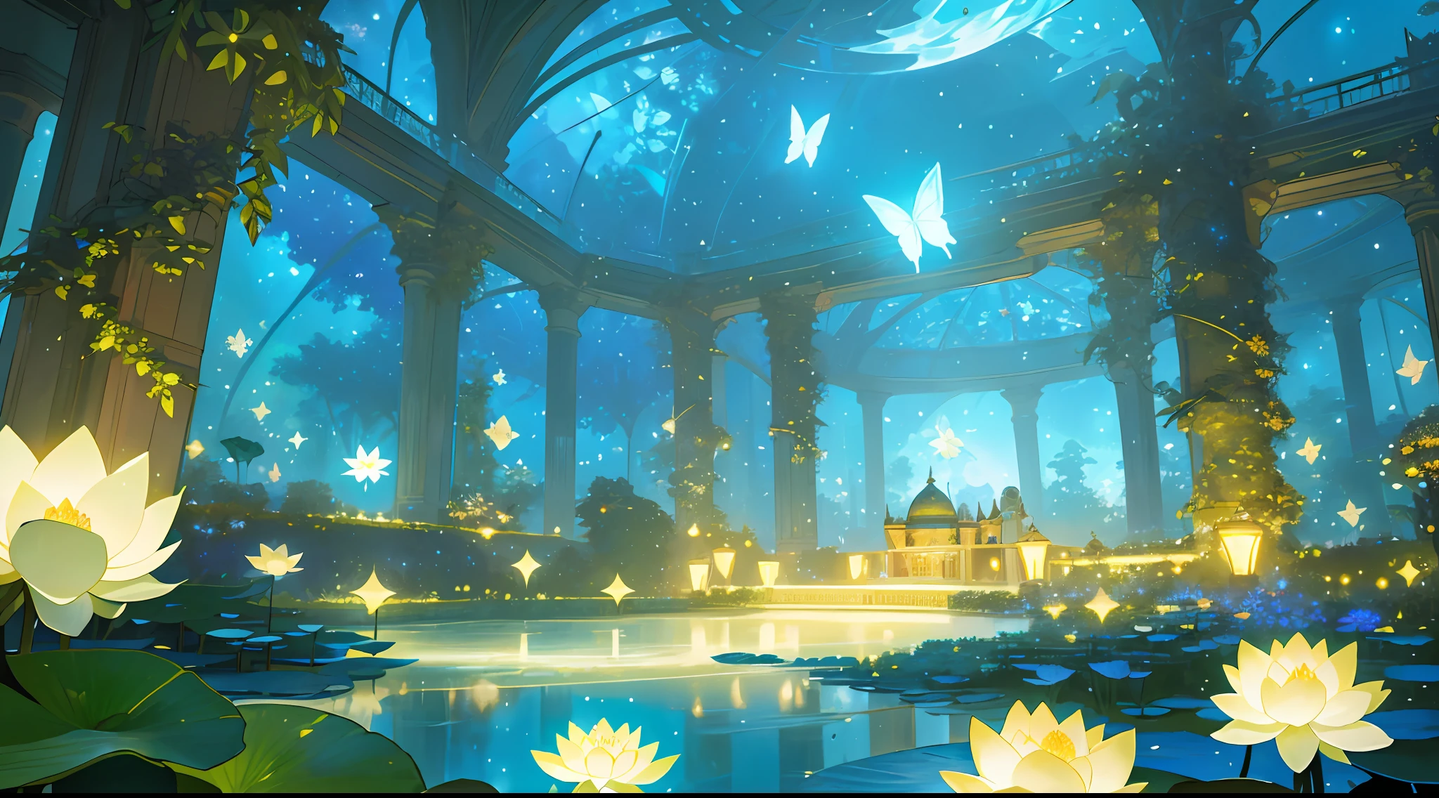 (top quality, masterpiece, ultra-realistic), night, starry skies, magical indoor botanical garden, dome, sparkling bioluminescent river, lots of flowers, lotus, glowing butterflies, background landscape is a garden with petals and papas flying around. --v6