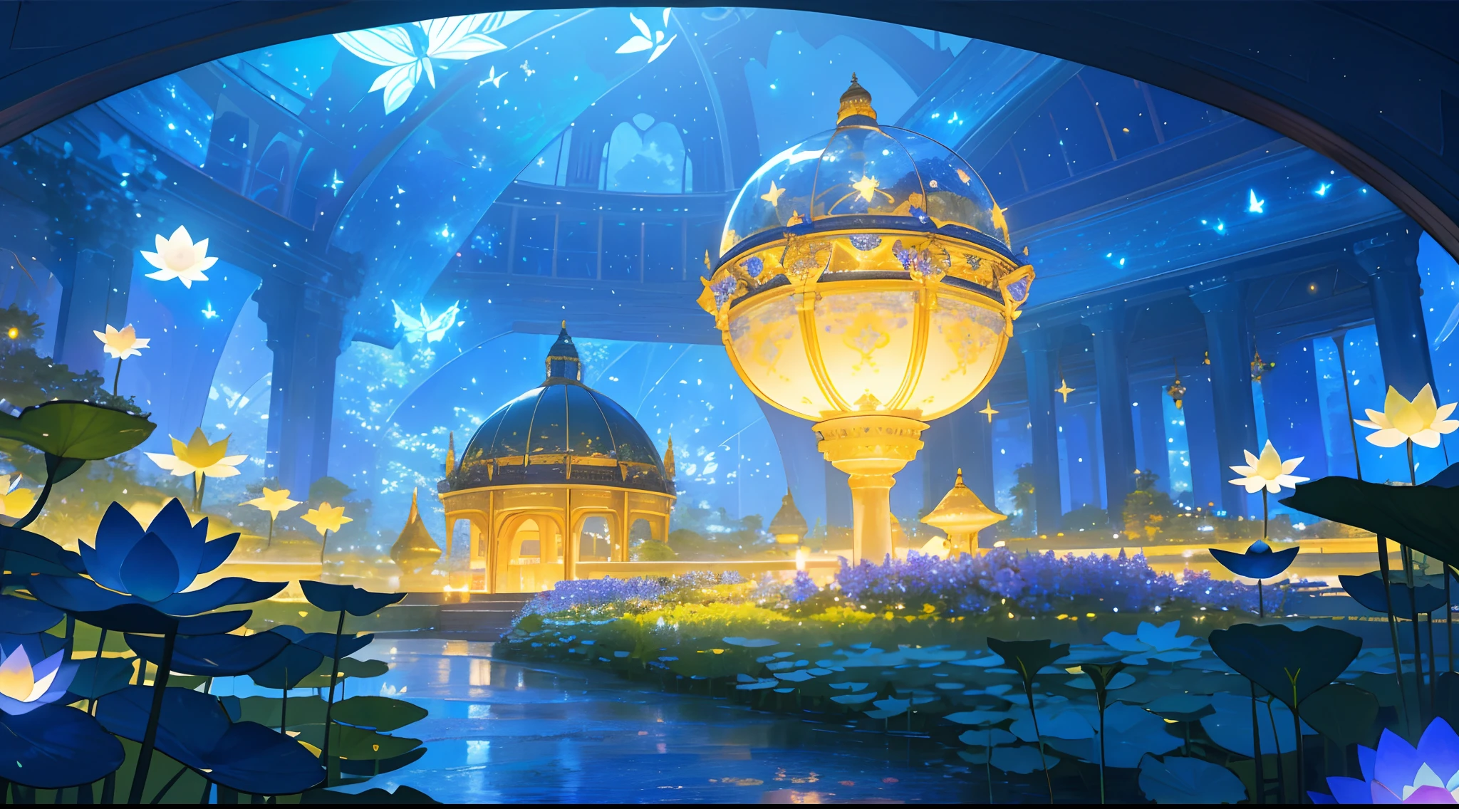 (top quality, masterpiece, ultra-realistic), night, starry skies, magical indoor botanical garden, dome, sparkling bioluminescent river, lots of flowers, lotus, glowing butterflies, background landscape is a garden with petals and papas flying around. --v6