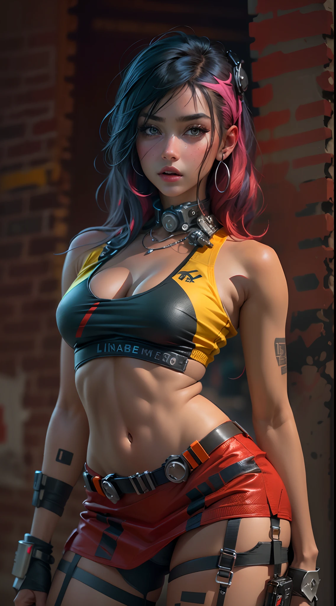 motor irreal:1.4,CG ultra realista 64K, fotorrealista:1.4, textura de la piel:1.4, obra maestra:1.4,Hermosa mujer con lingeries babydoll、Ropa corta estilo cyberpunk color amarillo, pantimedias red , mini skirt blue,
