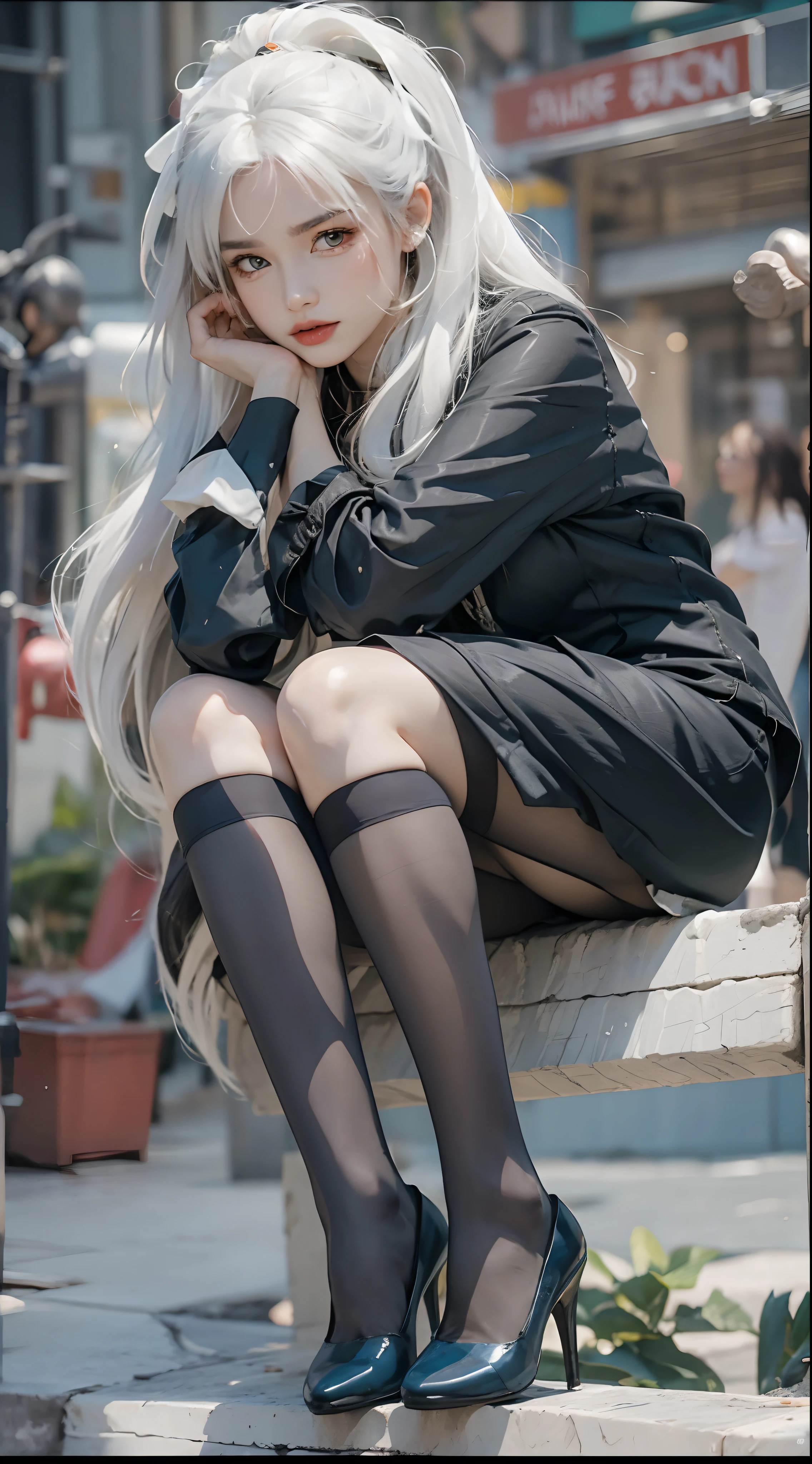 A high resolution, 1womanl, long  white hair, Black eyes, City heels, Squat，beachside，white dresses