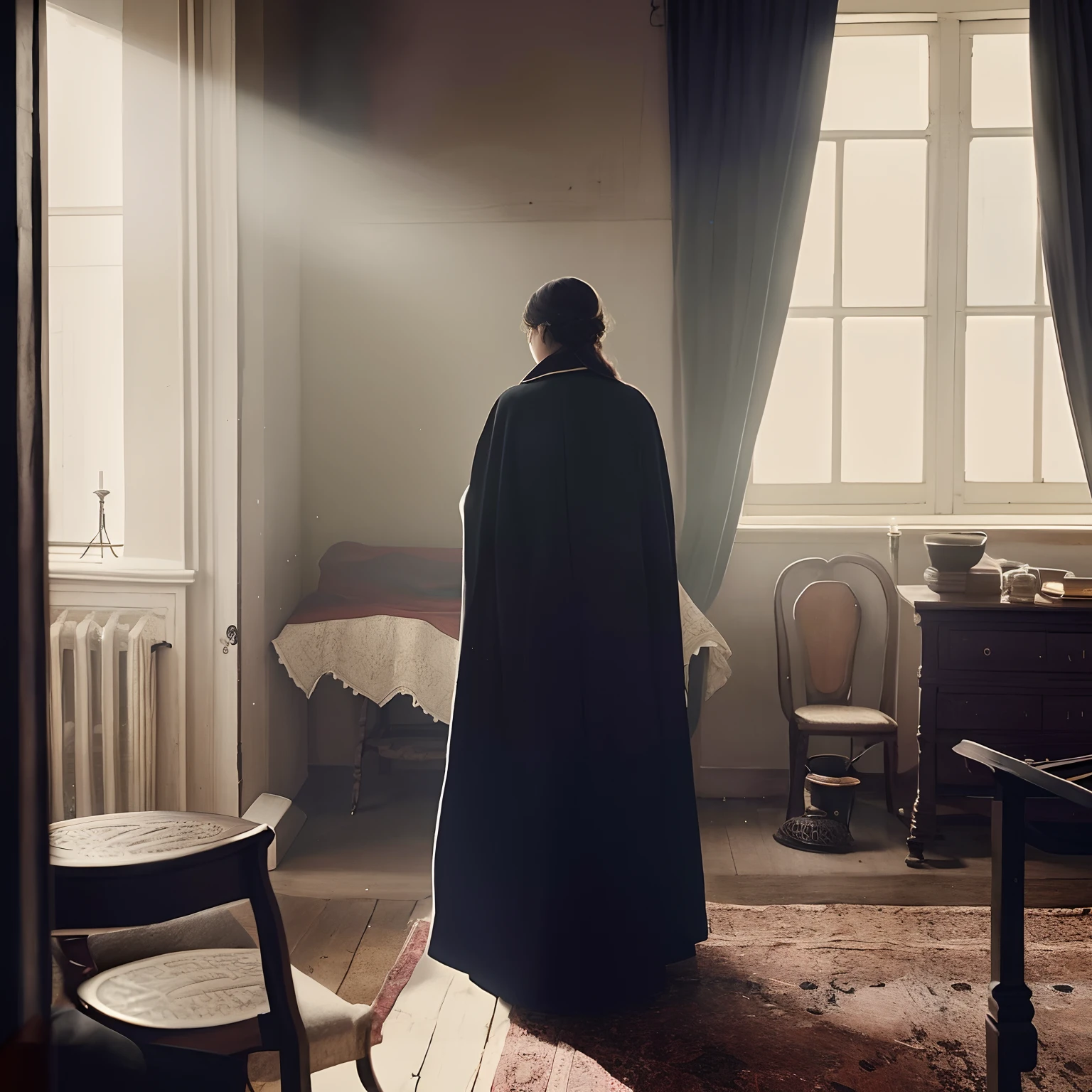 There is a young woman in a robe standing in a room, Cinematografia deslumbrante e figura escura encapuzada, Manto preto escondido nas sombras, foto realista detalhada, image and colors of the nineteenth century, 1899, foto realista