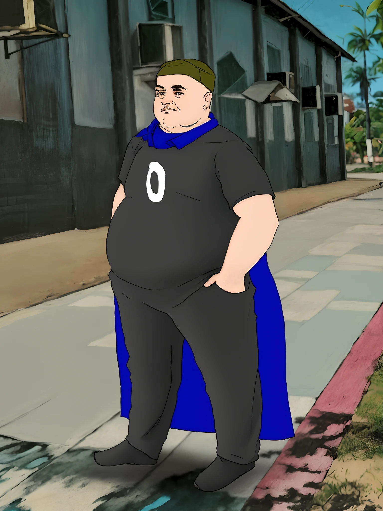Homem gordo, cabeludo, vestido de preto, com uma letra "O" branca no peito, capa azul escuro, olhar manipulador, corpo inteiro, estilo hiperrealismo, estilo 3d