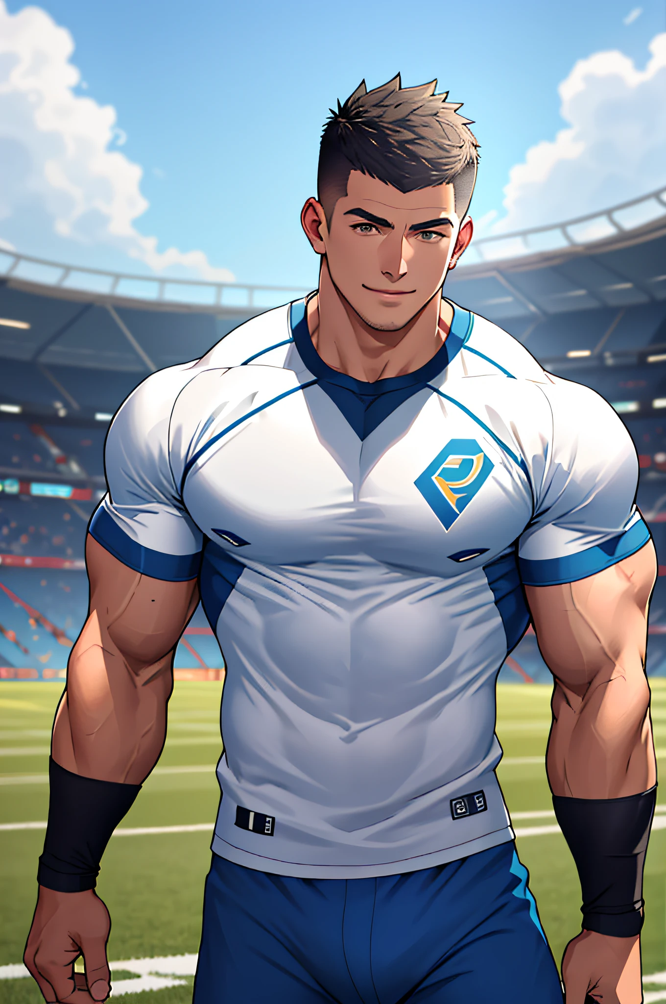 Draw a full-fledged athlete,Stand on the central field of the gym,He wears high-end sportswear,The man looks confident and determined,rays of sunshine,cheerful big breasts,Handsome,Crew cut,full bodyesbian,shooting from below,