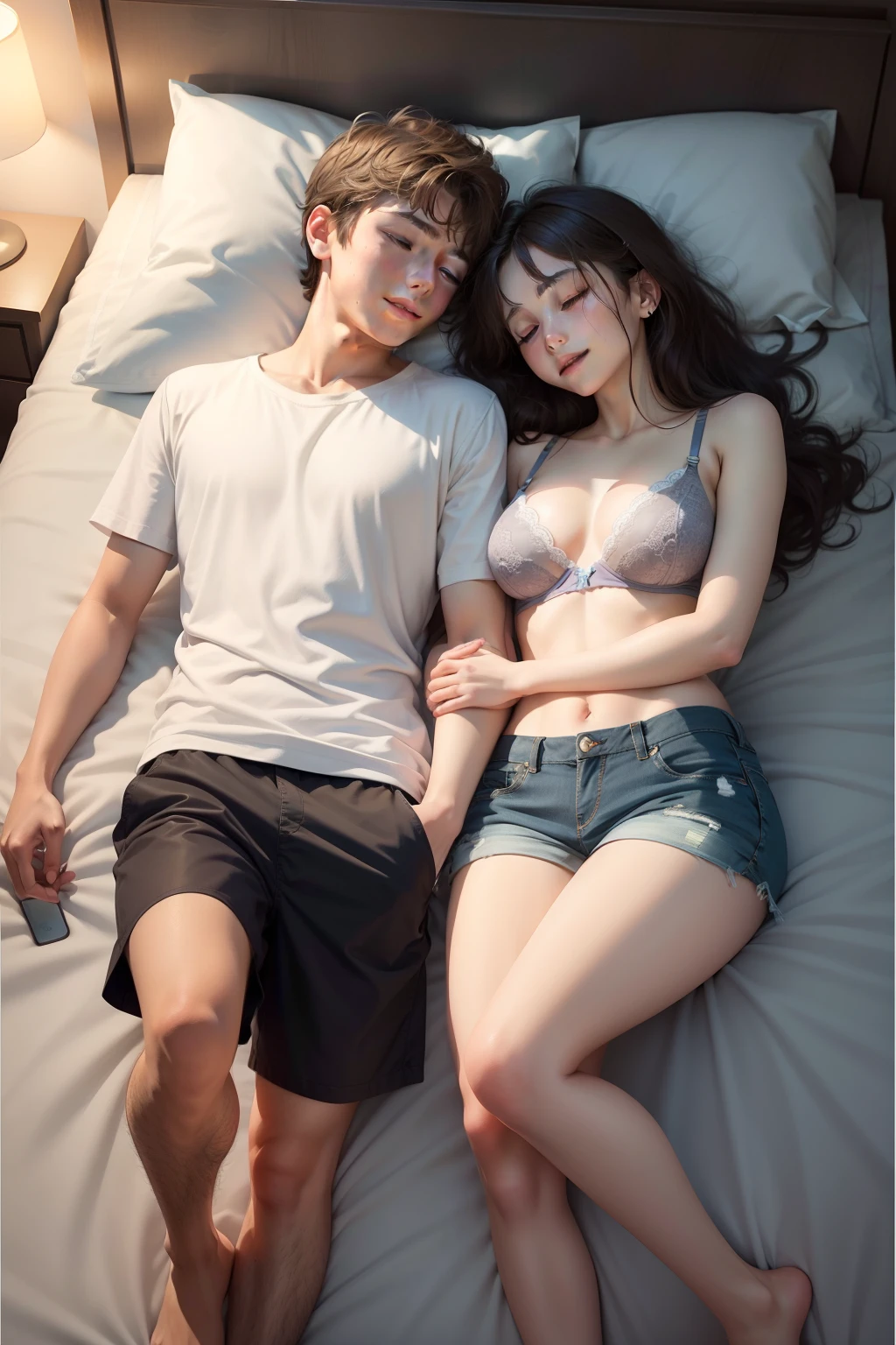 A 15-year-old boy and a 15-year-old girl sleep hand in hand in bed，Place your hands naturally on your chest，Realistic and realistic，Realistis，the detail。Boy with short brown hair，Wear clothes，A sweet smile in your sleep。Girl with long brown hair，Bare legs，Bare feet，Bare belly，Cute，With a bra，A sweet smile in your sleep