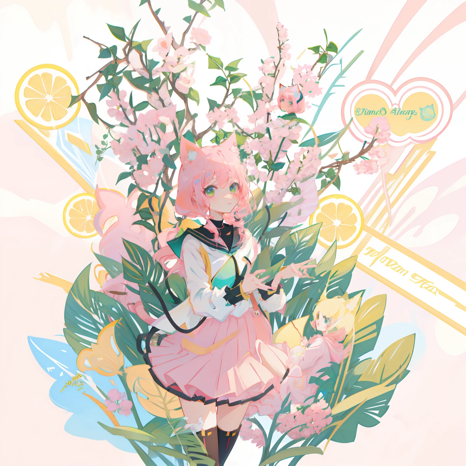 Anime girl with pink hair and green eyes make peace sign, cute anime catgirl, anime girl with cat ears, anime catgirl, nyaruko-san, Girl with cat ears, Anime moe art style, beautiful anime catgirl, with index finger, anime visual of a cute girl, Very beautiful anime cat girl, Cat woman, Cute!! tchibi!!! Cat woman