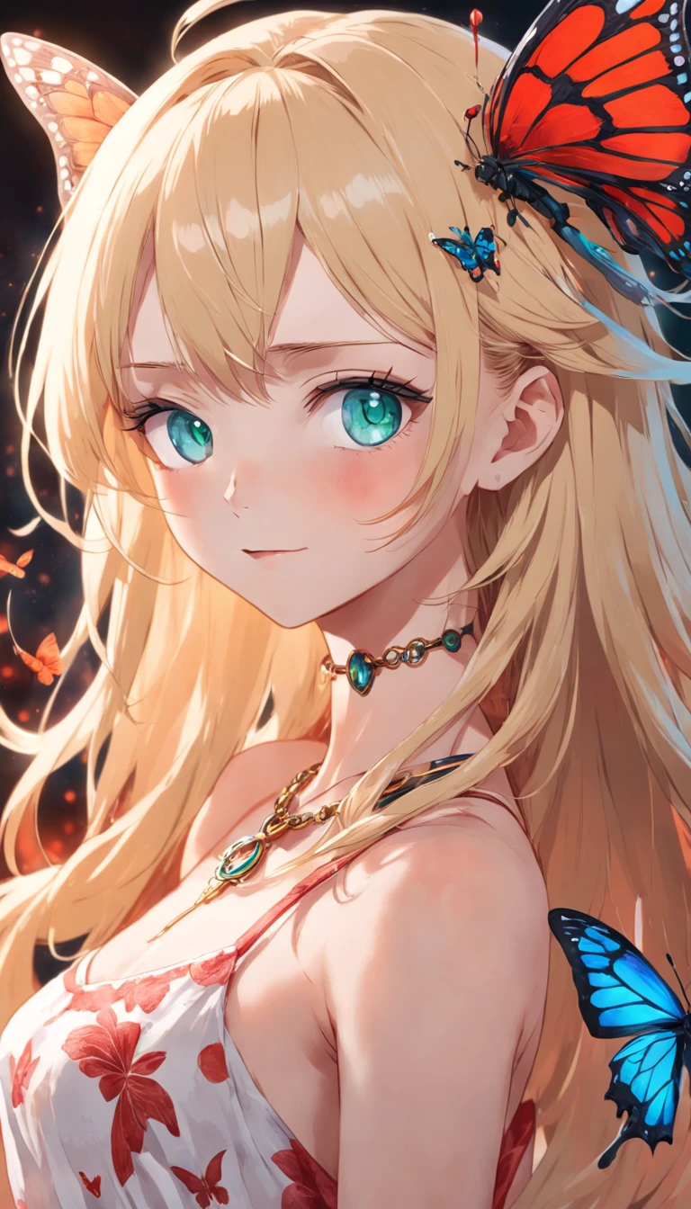 A girl has a red pattern on her forehead, rimless eyewears, Heterochromia is pronounced, Blue-green eyes, seduct smile, Blonde 1-3, Gorgeous and delicate butterfly necklace，intricately carved, Dutch angle, Anatomically correct, Textured skin, Best quality, 1080p