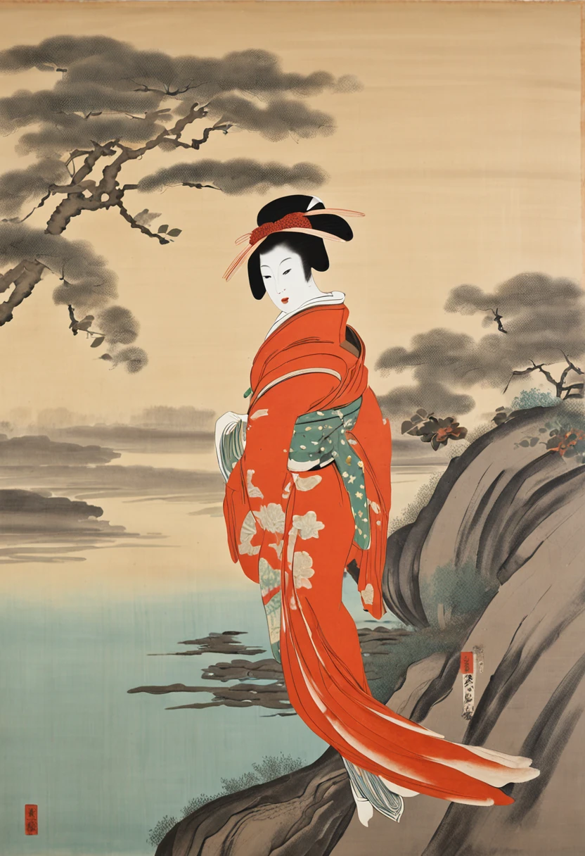 best quality, style of Kitagawa Utamaro, Ukiyo-e, a dancing woman, (floating koi fish), flying carp