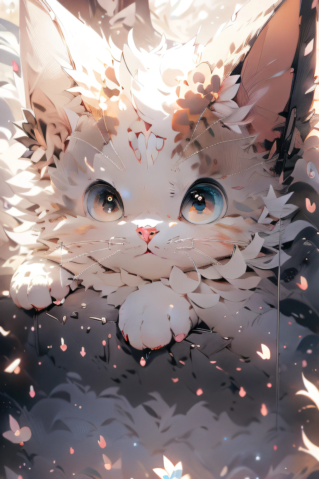 A handsome cat, Fluffy hair, plethora of colors, The left and right eye colors are different, The expression is cold, Sharp eyes, Realistic light and shadow, mismatched pupils, heterochromia, flower-shaped pupils, Animal protagonist, mismatched pupils, heterochromia, flower-shaped pupils, Ukiyo-e, anime, Ukiyo-e, anime, UHD, masterpiece, highres, UHD, masterpiece, highres