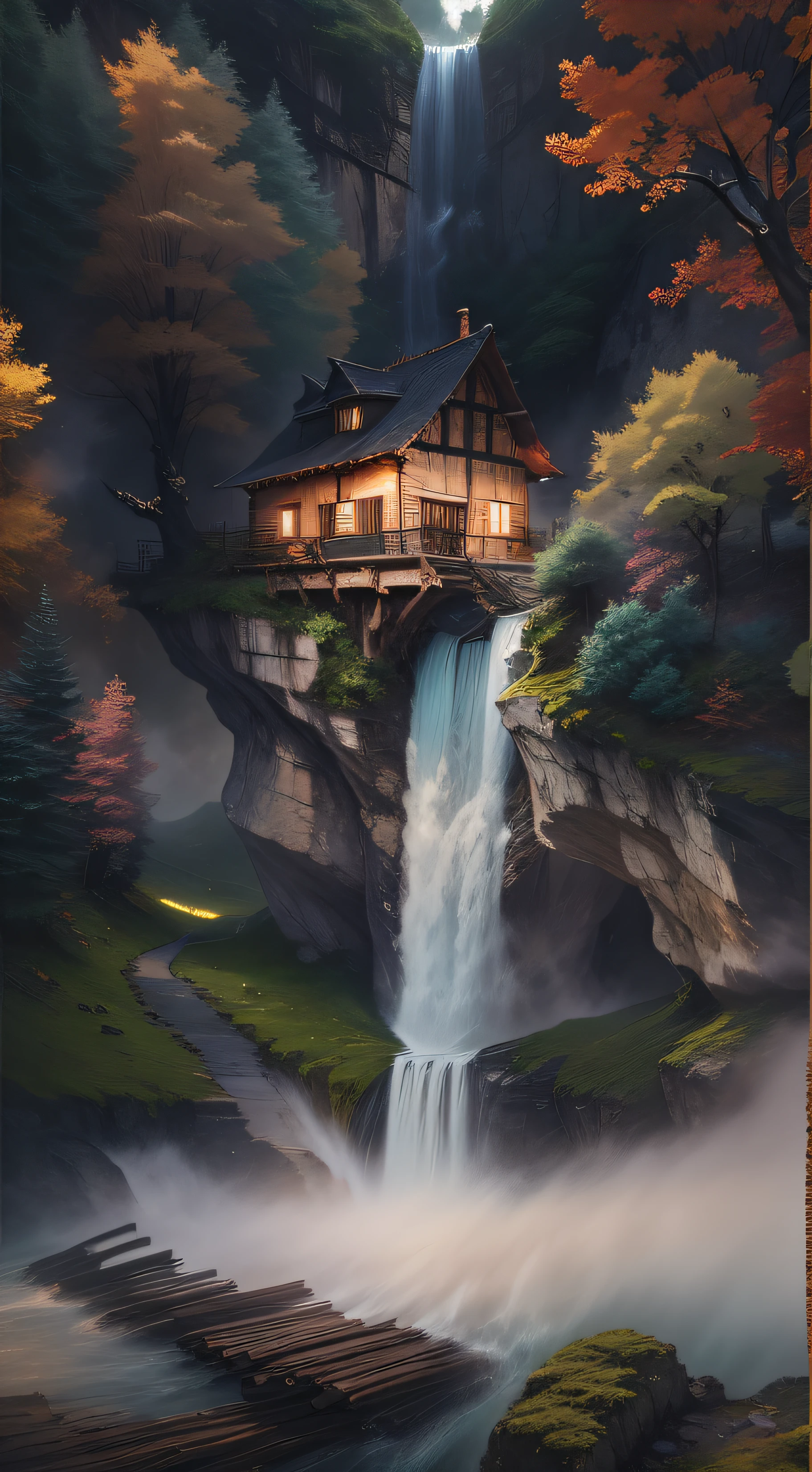 Deep in the mountains,A waterfall falling from the sky,Huge tree,Top wooden house,Rolling clouds,Morandi color grading,