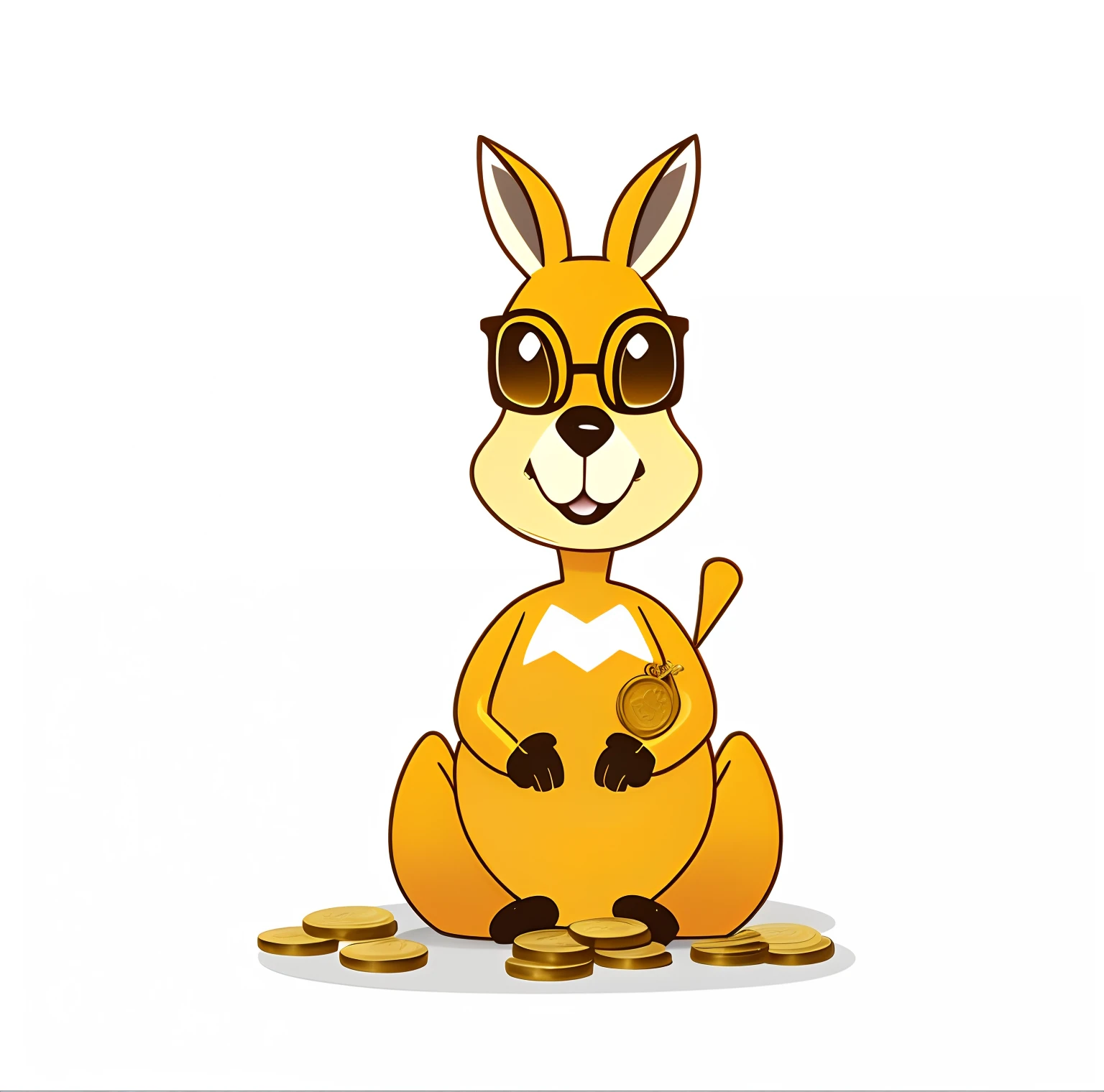 Cartoon kangaroo,Wear sunglasses,There is a cookie in the paw, sitting on a pile of gold coins, Spy Kangaroo, subject: kangaroos, subject : kangaroos, cute anthropomorphic bunny, edgBunny_Character, mascot illustrations, anthropomorphic rabbit, Rabbit, with piles of coins around it, kangaroos, With many gold coins, a dingo mascot, Awesome, Bunny,Remove gold coins and glasses