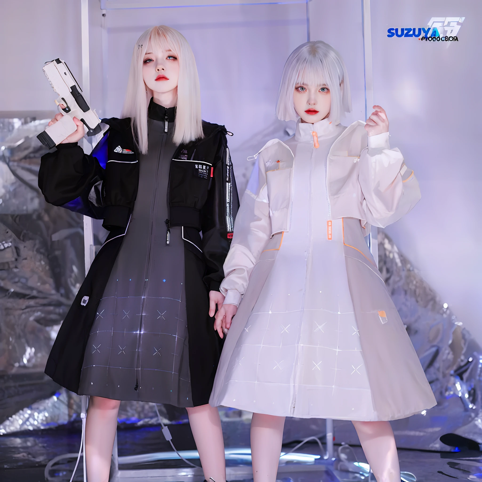 Two women in costume posed for photos with guns, cyberpunk streetwear, wearing space techwear, futuristic outfit, wearing cyberpunk streetwear, cyberpunk fashion clothes, Cyberpunk costumes, Cyberpunk dress, Cyberpunk clothes, Futuristic clothing, muted cyberpunk style, cyberpunk fashion clothes, futuristic fashion clothing, wearing futuristic clothing, 2 techwear women, biopunk futuristic wardrobe, cyberpunk fashion, cyberpunk techwear