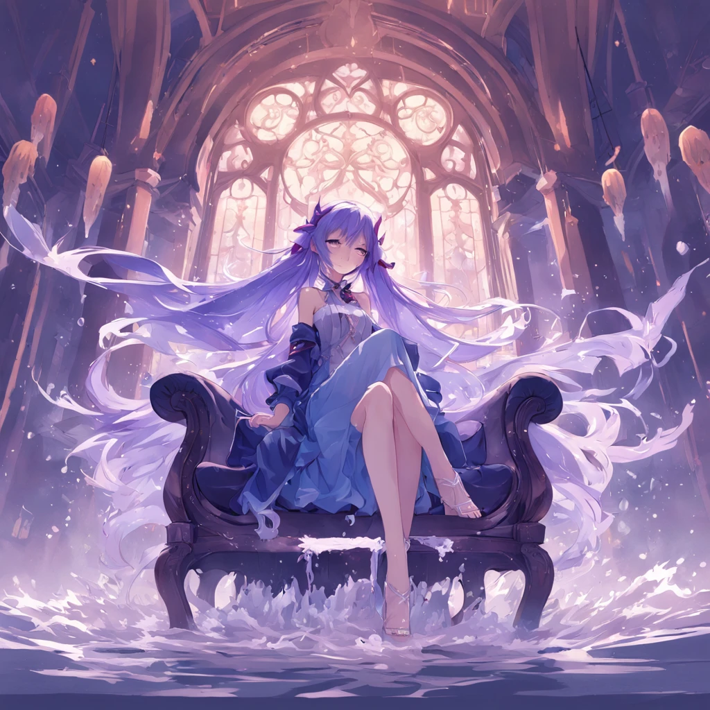 A purple gradient blue long-haired girl sitting on an aristocratic chair, Water splashing art anime, Guweiz in Pixiv ArtStation, trending on artstation pixiv, style of anime4 K, Guweiz on ArtStation Pixiv, zerochan art, Anime fantasy illustration, Girl in a skirt, pixiv contest winner, Digital art on Pixiv,haughty,Intricate aristocratic skirts