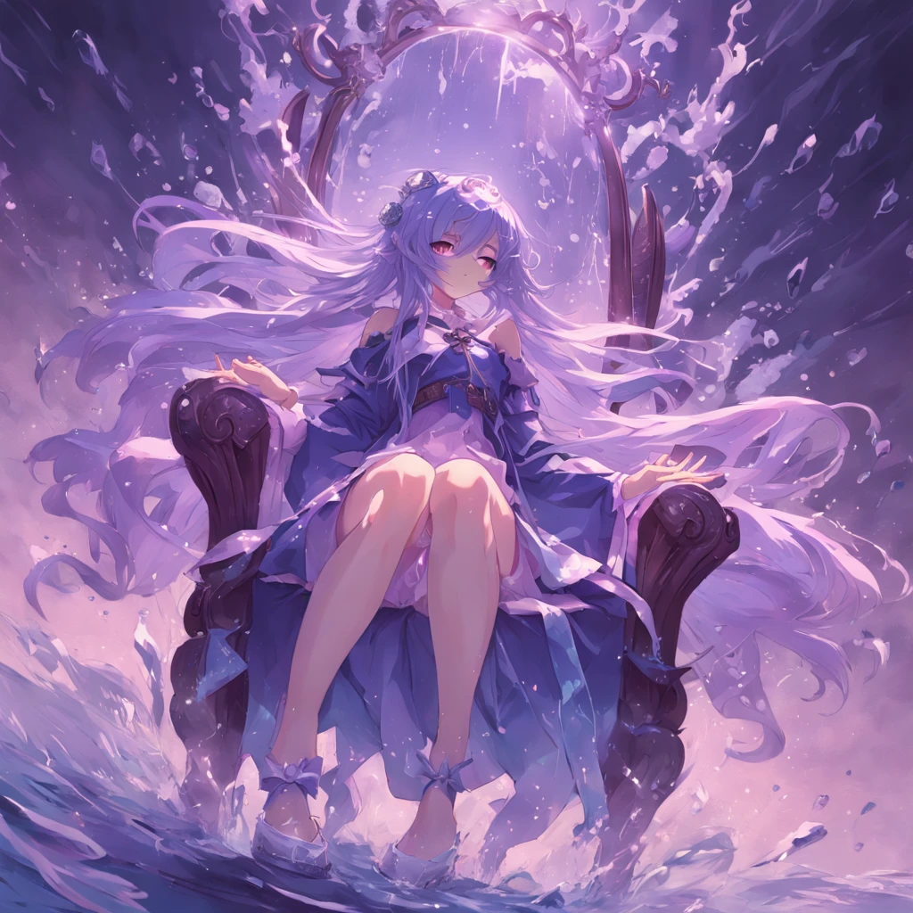 A purple gradient blue long-haired girl sitting on an aristocratic chair, Water splashing art anime, Guweiz in Pixiv ArtStation, trending on artstation pixiv, style of anime4 K, Guweiz on ArtStation Pixiv, zerochan art, Anime fantasy illustration, Girl in a skirt, pixiv contest winner, Digital art on Pixiv,haughty,Intricate aristocratic skirts