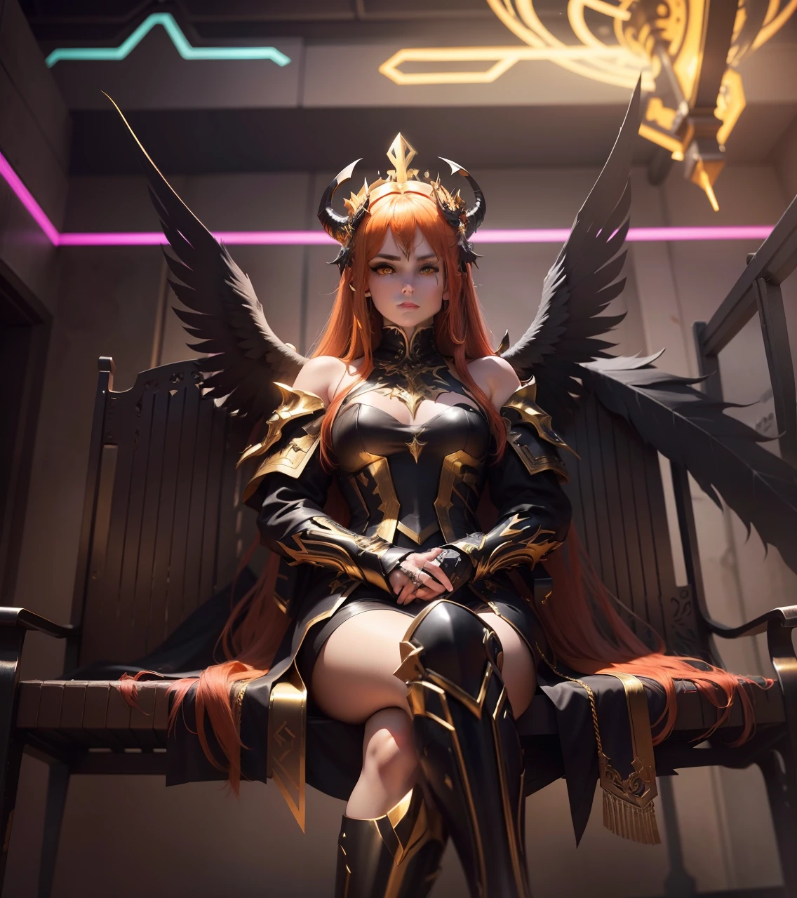 A demonic female angel sits on a bench wearing white and gold cyber armor with golden neon lights. His head is crowned with golden horns. Er hat rot-schwarze Augen, golden-red hair and big wings.