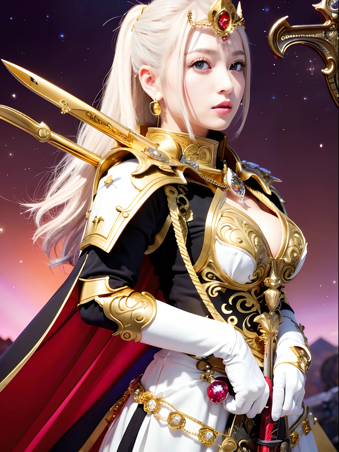 (masutepiece), Professional , ​masterpiece、top-quality、photos realistic , depth of fields （Gemstone White Metal Body:1.９),(Matte White、Jewel Gold Weapon（Jewel Metal Body:1.４),Gorgeous metal weapons ,（（ Detailed and gorgeous sword of the brave）） , Beautiful knife   ,warhammer 40k , adepta sororitas,Detail and ornate jewel crown、（（Micro Bikini Armor））、（（Gangle's forest background））、Beautiful Caucasian beauty、１a person、dynamic ungle,(((Detailed and ornate diamond crown)))、Smaller head、A smile、Background inside the castle、Thin and beautiful female hands、cleavage of the breast、Soldier in iron armor on background、Mystical expression、Light Effects、intense fighting、Wind-effect、magic circles、With the legendary magic wand、（wings of light）、Toostock、Toostock、