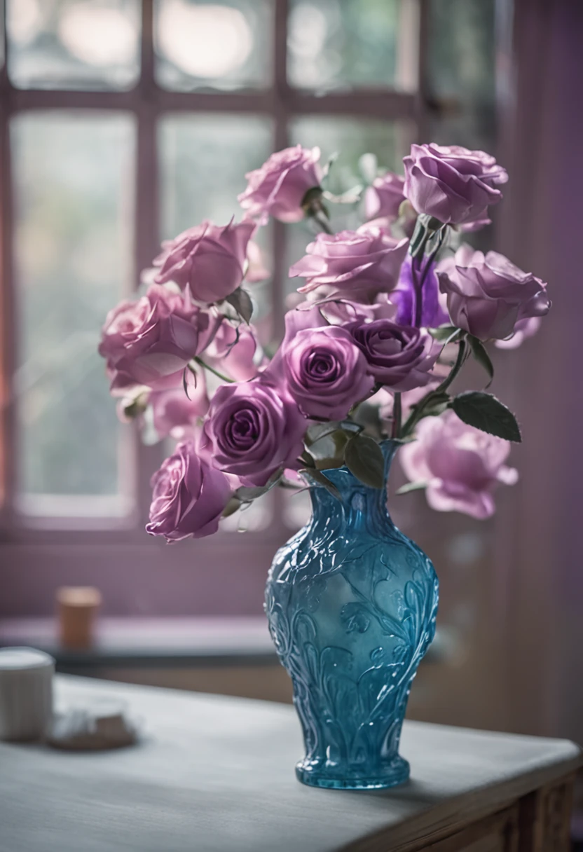 There is a light solid wood table,A light blue rose flower is placed in a purple transparent vase,The vase is placed on the table,The line of sight is at table level,The line of sight is facing the vase,There is a third of the water in the vase,Sunlight shines obliquely from the right side,At a seventy degree angle to the light-colored solid wood tabletop,Presents warm colors。