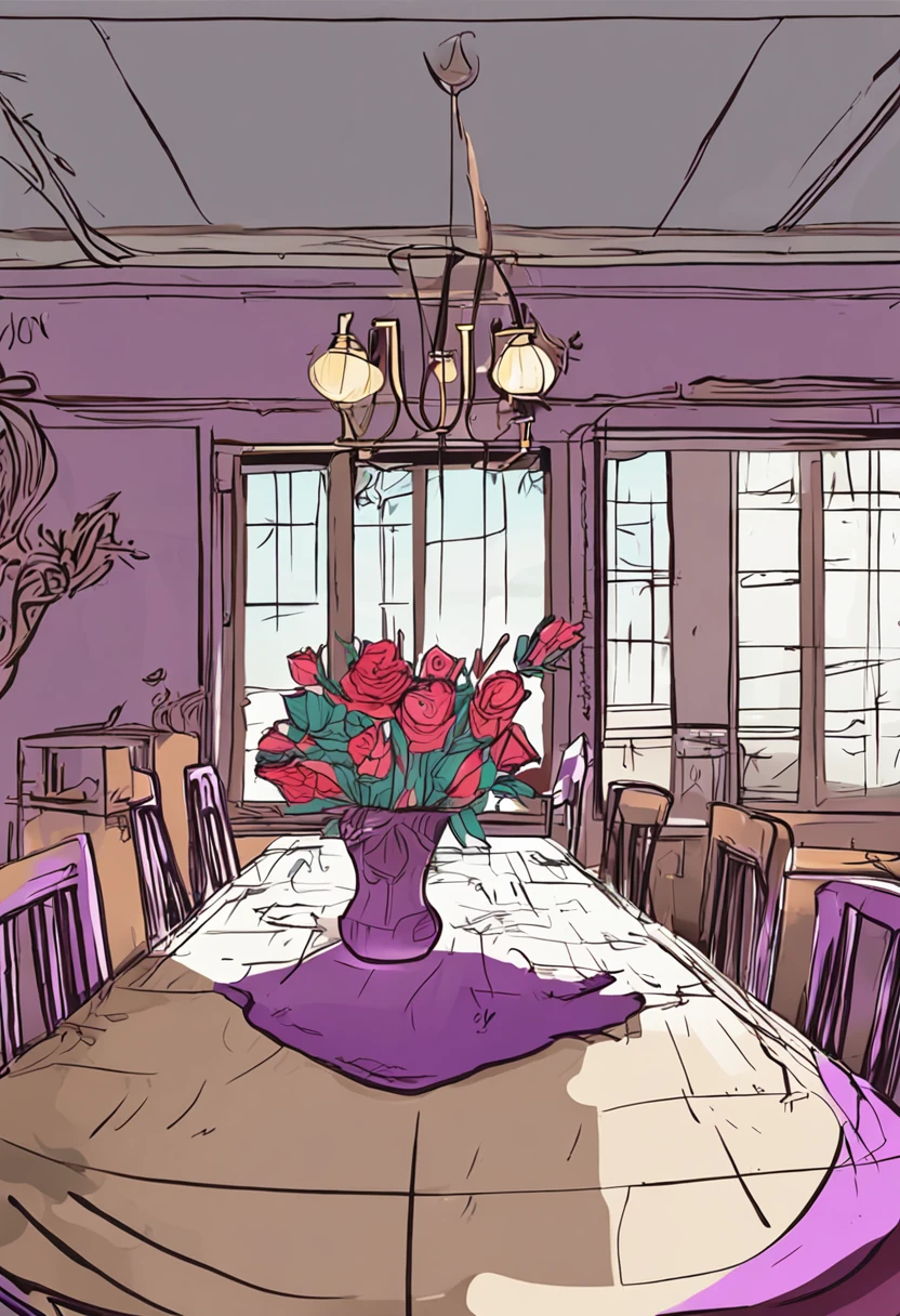 There is a light solid wood table,A light blue rose flower is placed in a purple transparent vase,The vase is placed on the table,The line of sight is at table level,The line of sight is facing the vase,There is a third of the water in the vase,Sunlight shines obliquely from the right side,At a seventy degree angle to the light-colored solid wood tabletop,Presents warm colors。
