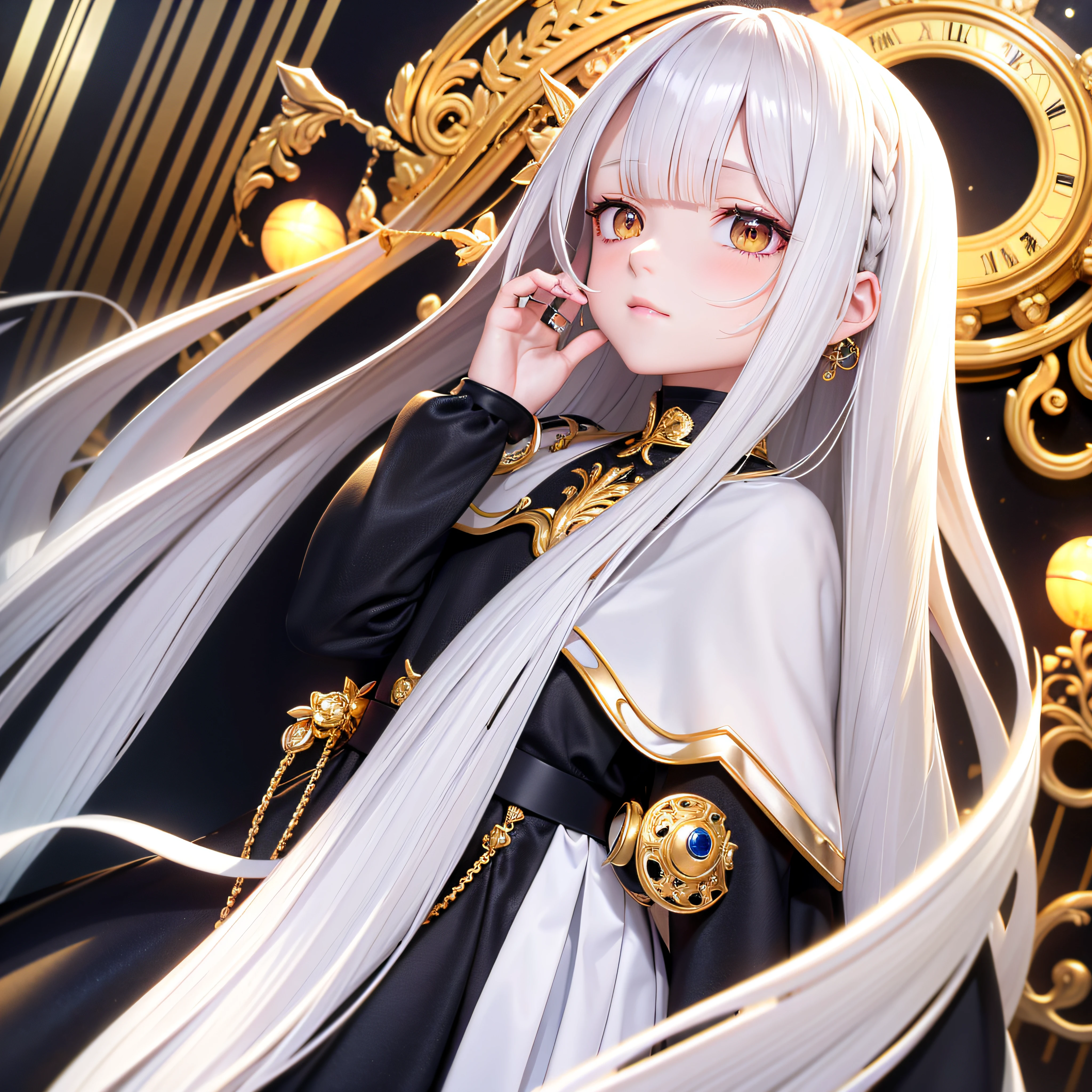 Need,tmasterpiece,whaite hair,Golden eyes,Manteau blanc,Look up,The upper part of the body,Hairline,Fair skin,SideBraid,Aika,clock,religion,divino