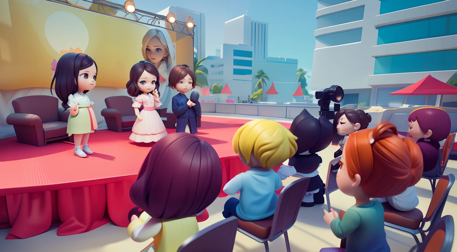 tchibi,。.。.3D Pixar animation style,tmasterpiece, best qualityer, ultra - detailed, Lori blonde girl, Long dress with a big smile, full bodyesbian, moderno, Modern accessories, ,The actors on the podium are being interviewed,Outdoor scene,Lateral face,Podium,ssee-through,A crowd of spectators sits in red seats,Face away from the camera,Applaud、 Beautiful lighting and ambient light on the podium,Pastel tonal background , Extremely colorful, 。.。.3D Q style,tchibi,A cinematic scene,Super details romantic soft focus and ethereal light,The sun shines on it,A cinematic scene,Full body 2D artwork,blur backgroun,romantic soft focus and ethereal light,The sun shines on it,A cinematic scene,super detailing,pix: 2 style,Pope Martin, light effect,brightly,OC renderer,C4D,。.。.3D,blender,8K,4K,Warm colors --NIJI 5 -- --q 2,