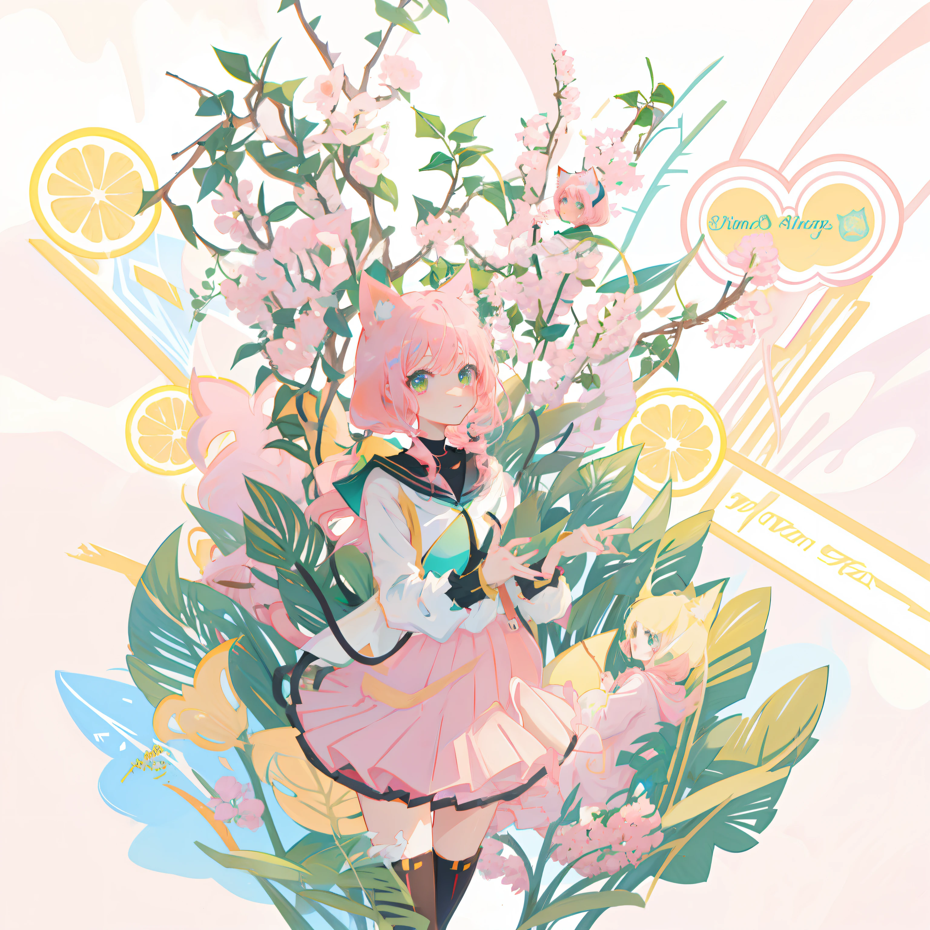 Anime girl with pink hair and green eyes make peace sign, cute anime catgirl, anime girl with cat ears, anime catgirl, nyaruko-san, Girl with cat ears, Anime moe art style, beautiful anime catgirl, with index finger, anime visual of a cute girl, Very beautiful anime cat girl, Cat woman, Cute!! tchibi!!! Cat woman