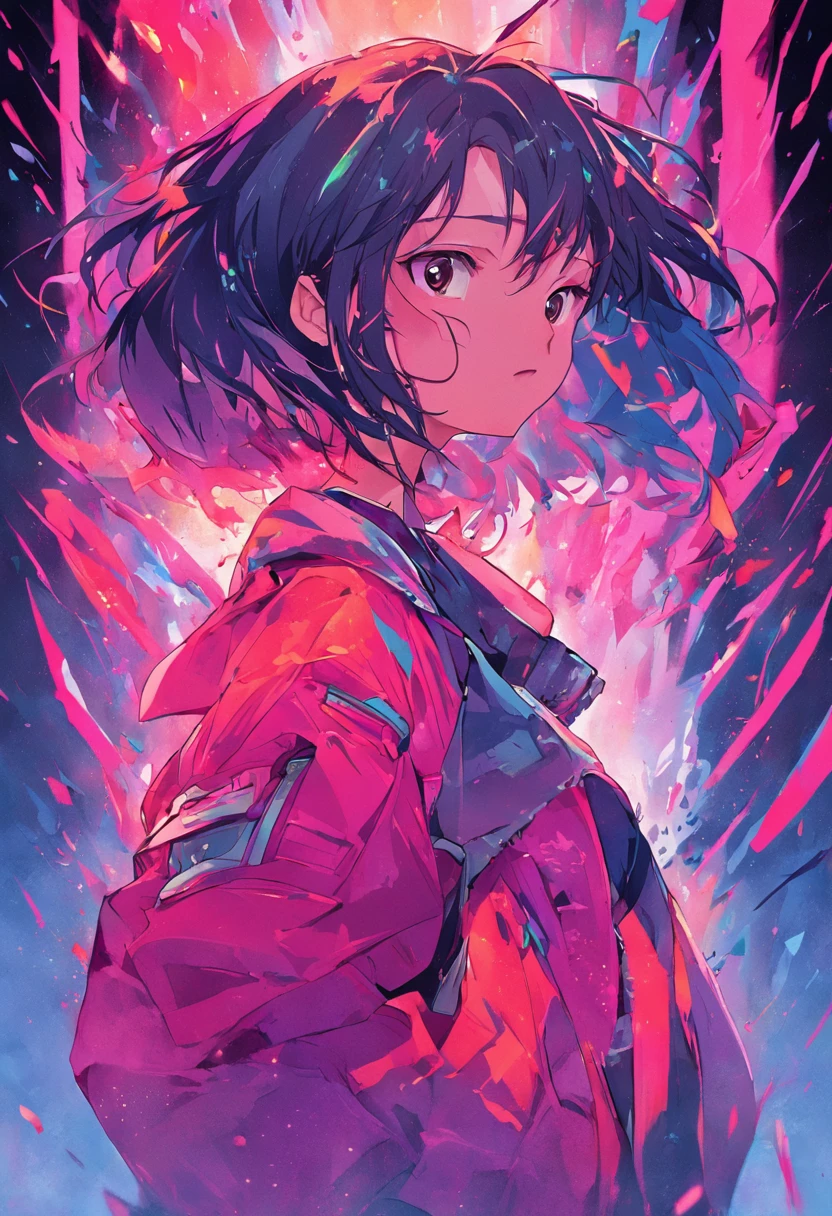 ((((Dramatic)))、(((Intense impact)))Movie poster featuring a young woman as the main character。She stands confidently in the center of the poster.、Wearing stylish clothes, Edgy and colorful outfits、He has a resolute and strong expression on his face。Neon background、Makes you feel danger and strength。Text is bold and attention-grabbing、Has a catchy tagline that adds to the overall sense of drama and excitement。The color palette is mostly vivid、There are splashes of bright colors、It gives the poster a dynamic and visually striking look。 (magazine:1.3), (cover-style:1.3), Fashionable, femele, with a vibrant, outfits, the pose, the front, Colorful, Dynamic, Background with, element, I'm confident, expresive, ngel, statement, accessorized, An majestic, coiled, surroundings, Touch, The scene, Texto, covers, It's bold, captures the attention, Titles, Stylish, in 8K Ultra-high specs Blue hair Views of outer space mirai