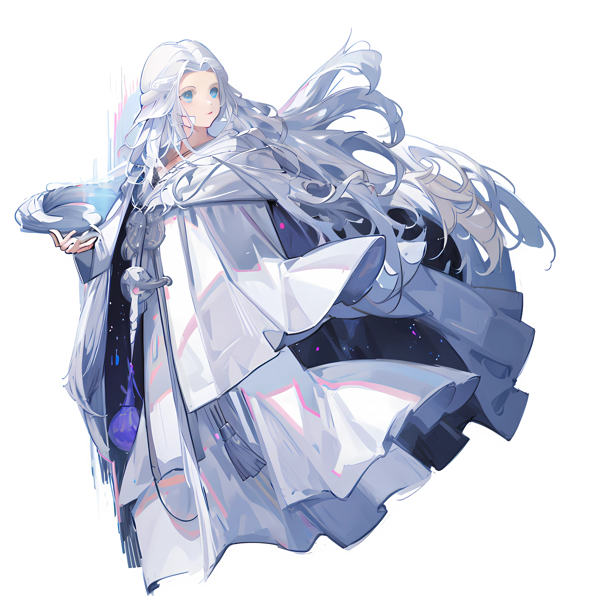 Woman in white robes holding books and books, white haired god, flowing white robes, very long white cloak, White cloak, visual novel sprite, ufotable art style, wearing a flowing cloak, albedo from the anime overlord, albedo from overlord, flowing hair and long robes, Official Character Art, albedo